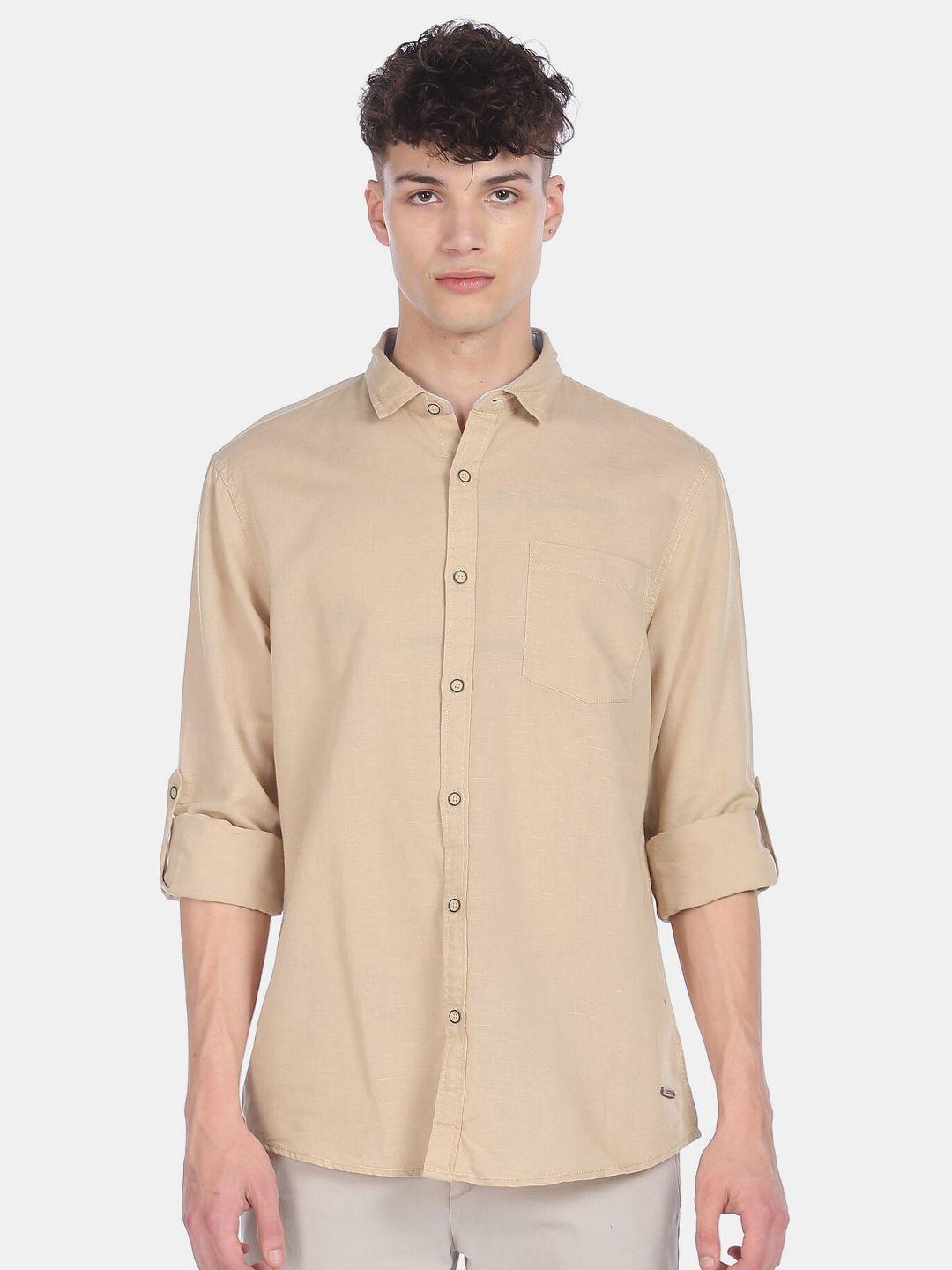 cherokee men beige solid regular fit casual shirt