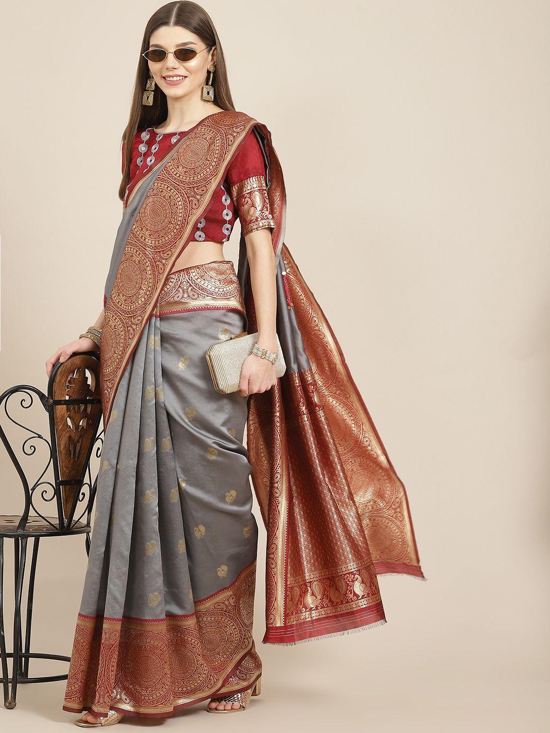 mitera grey & maroon embellished silk cotton banarasi saree