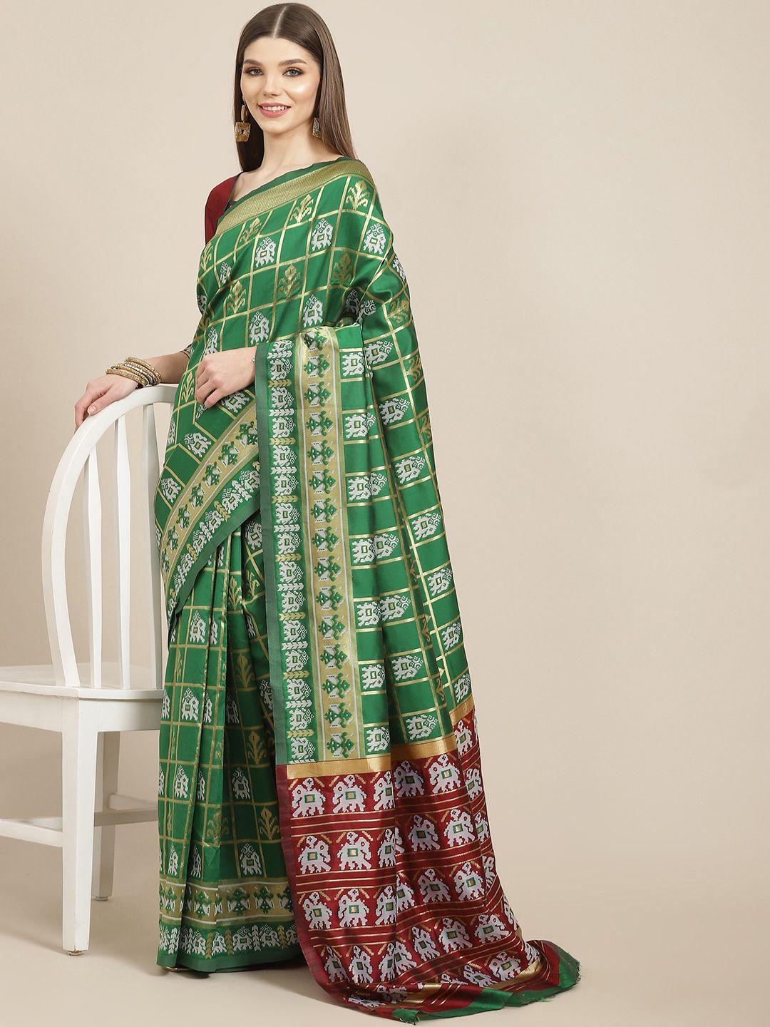 mitera green & burgundy woven design silk cotton banarasi saree