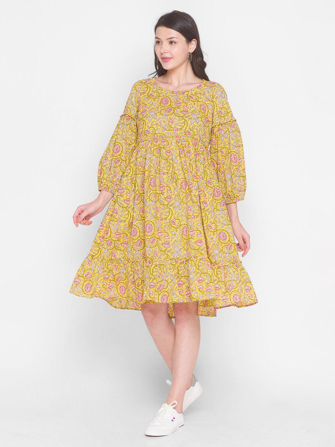 terquois yellow & pink floral printed a-line ethnic dress