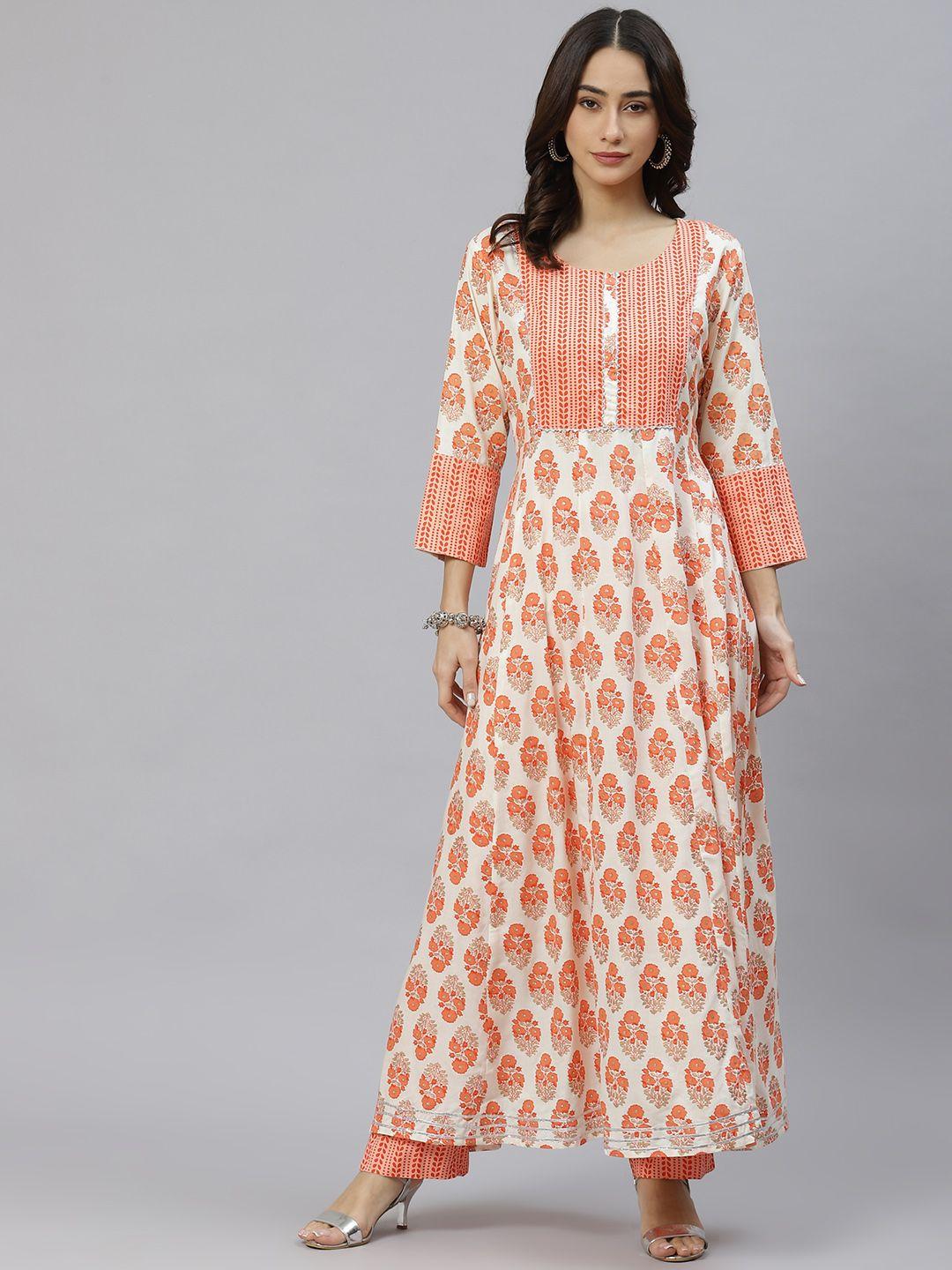 ives women off white & peach-coloured floral print gotta patti kurta with palazzos