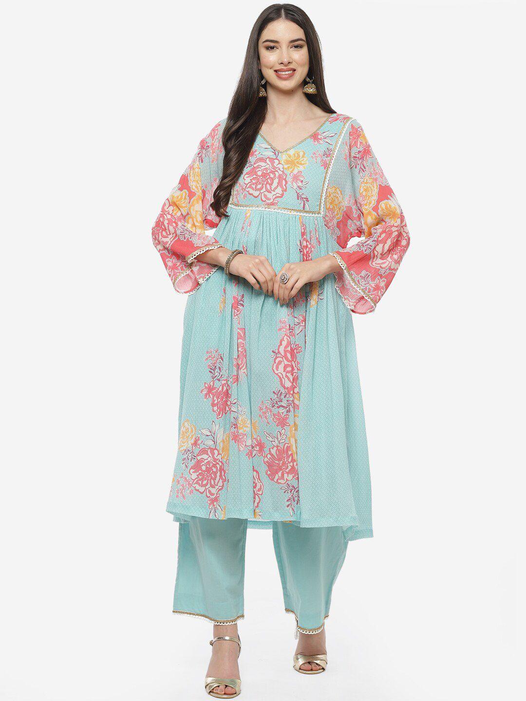 biba women blue floral printed empire pure cotton kurta with trousers