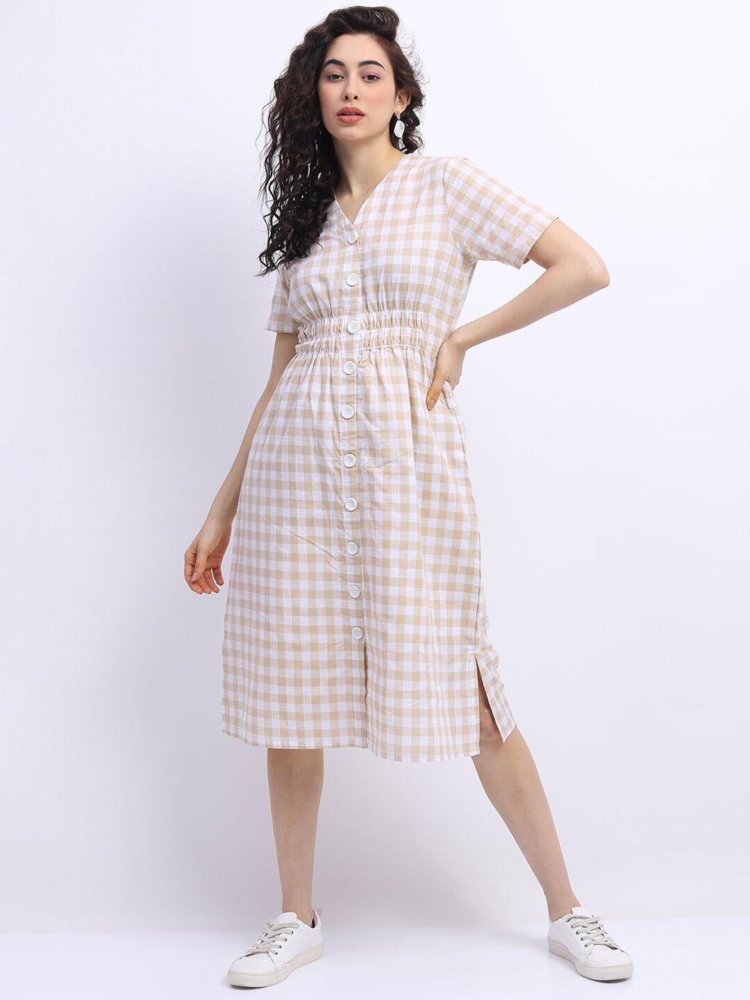 vishudh beige & white checked midi dress