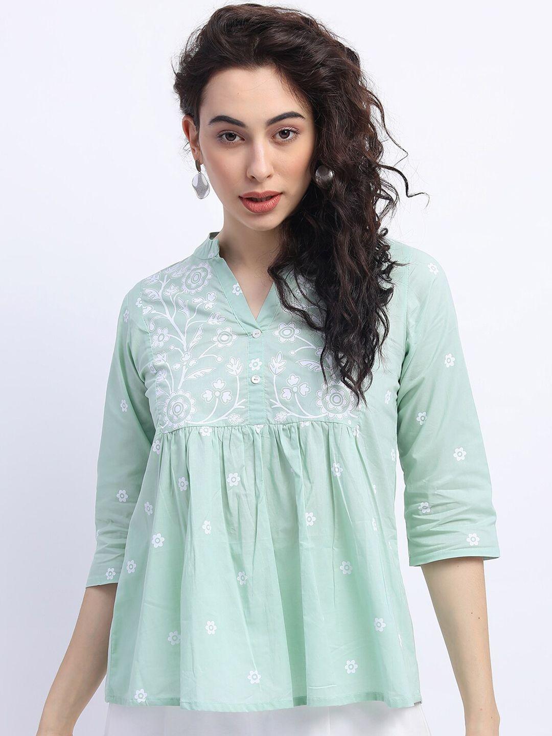 vishudh mint green print mandarin collar top