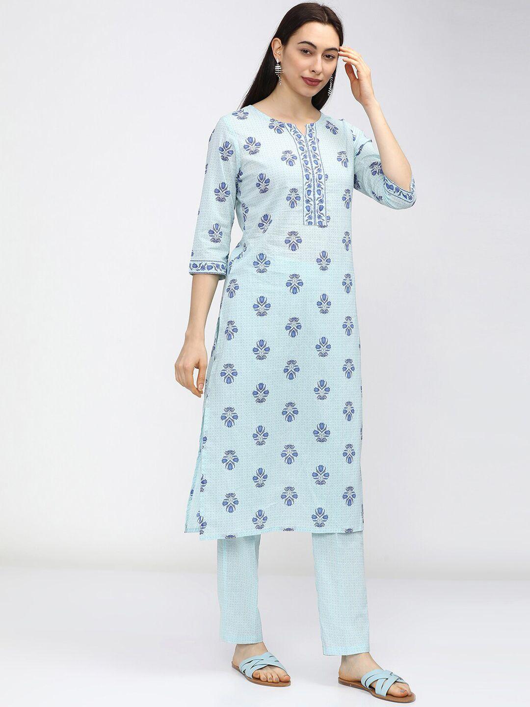 vishudh women blue printed pure cotton kurta with trousers