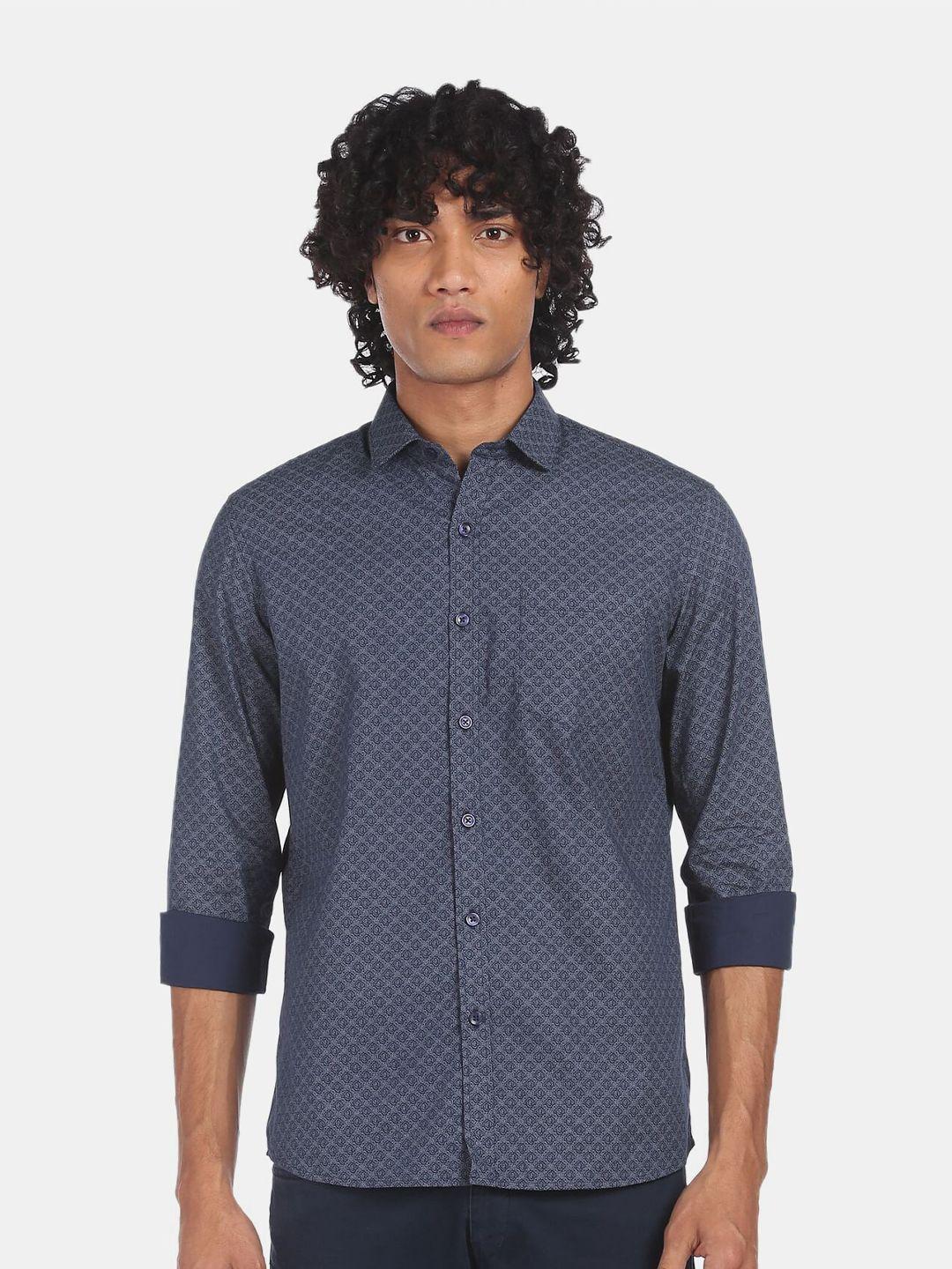 excalibur men navy blue printed casual shirt