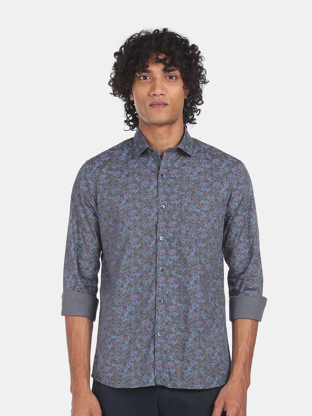 excalibur men grey floral printed casual shirt