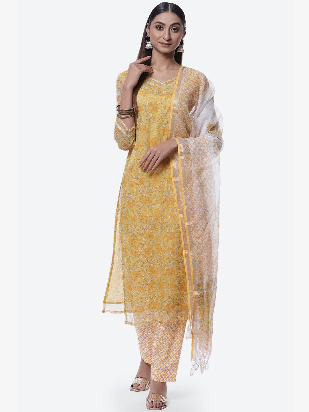 biba yellow & white printed pure cotton unstitched dress material