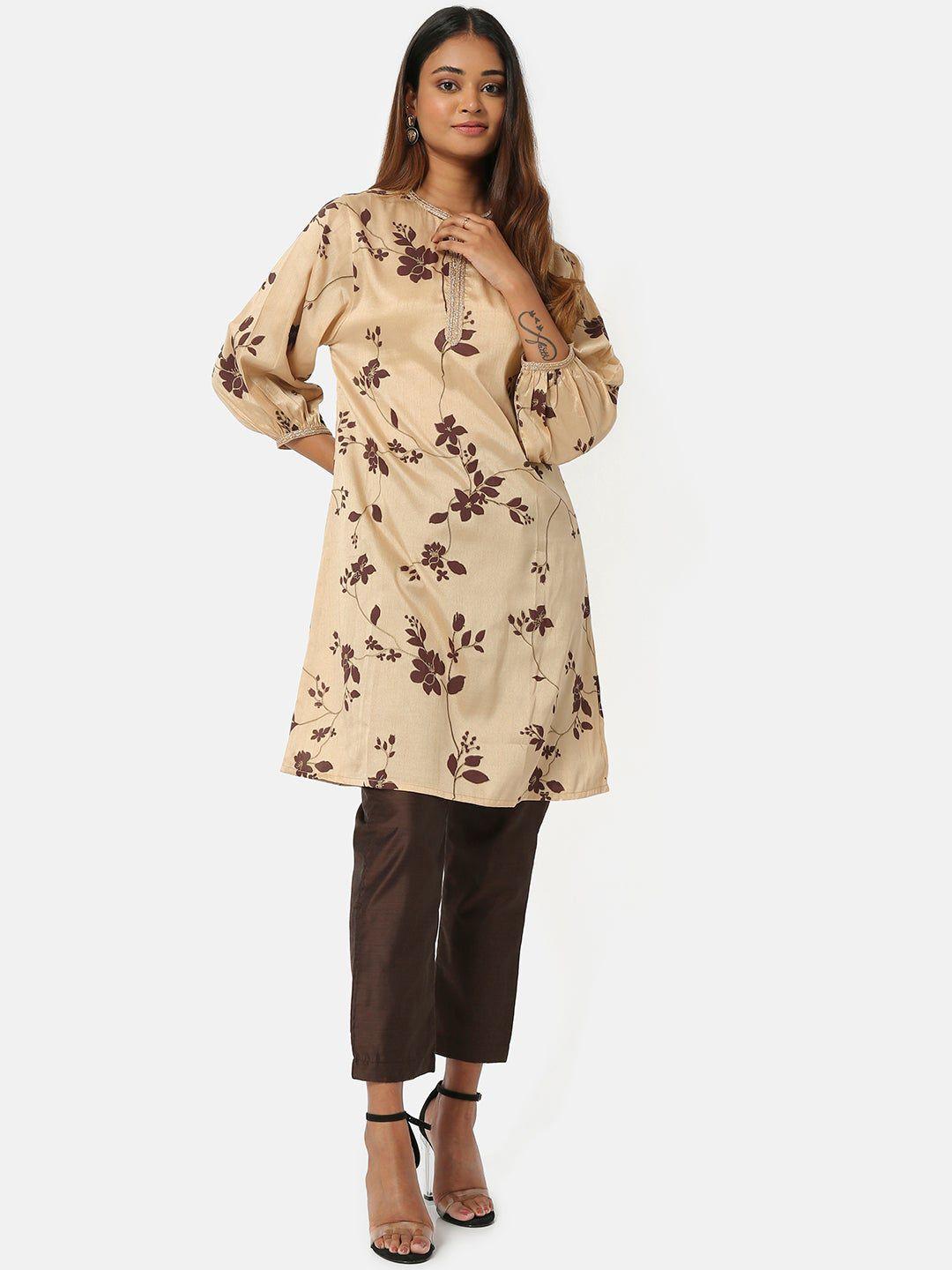 saaki women beige floral printed thread work crepe kurta