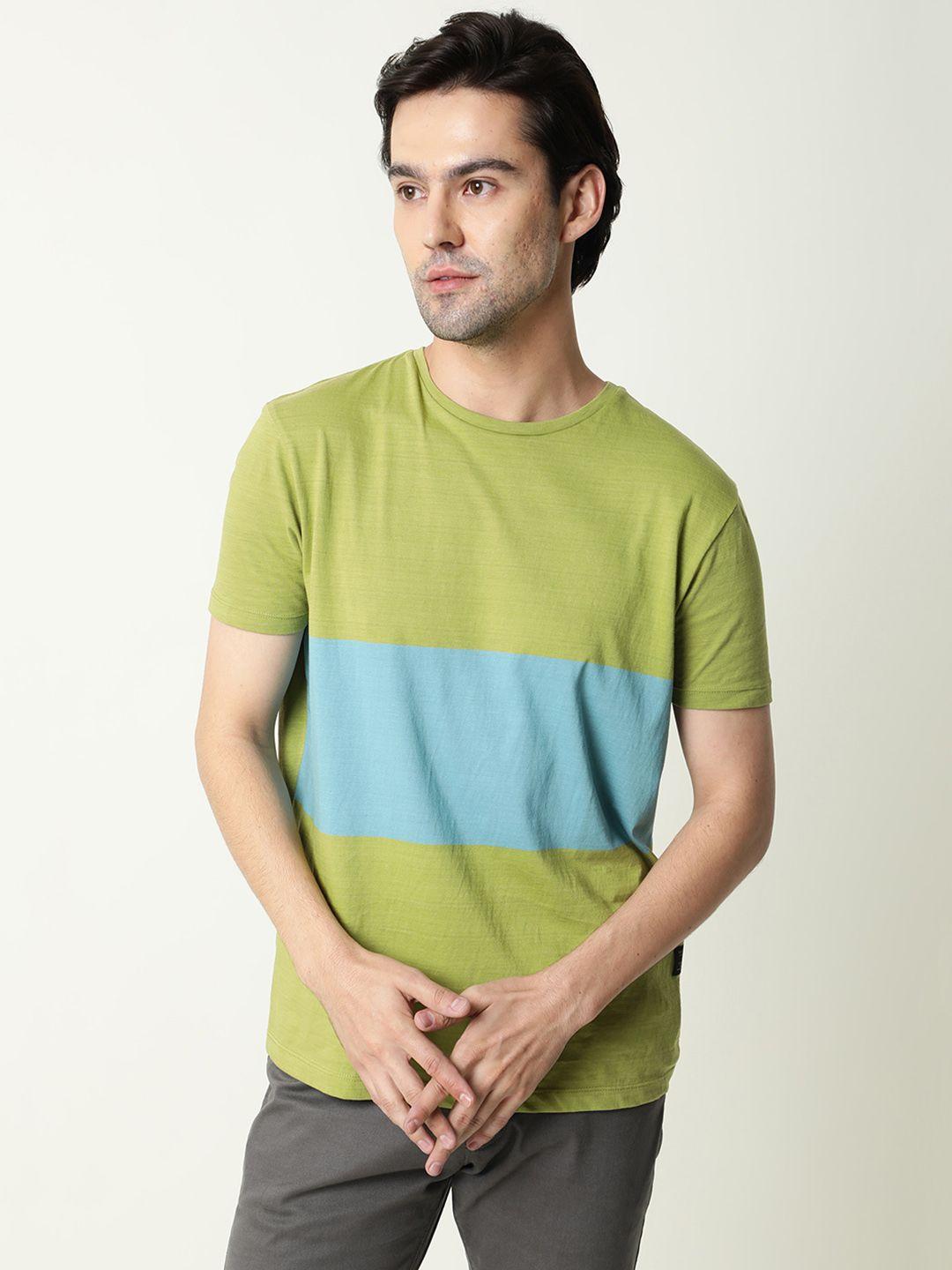 rare rabbit men olive green colourblocked pure cotton slim fit t-shirt