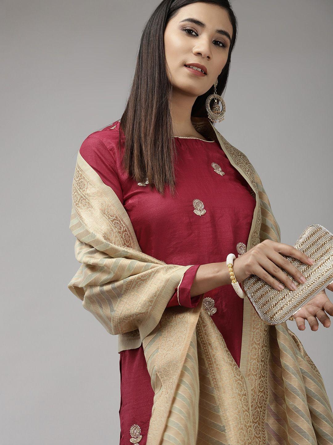 indo era women red ethnic motifs embroidered kurta with trousers & with dupatta