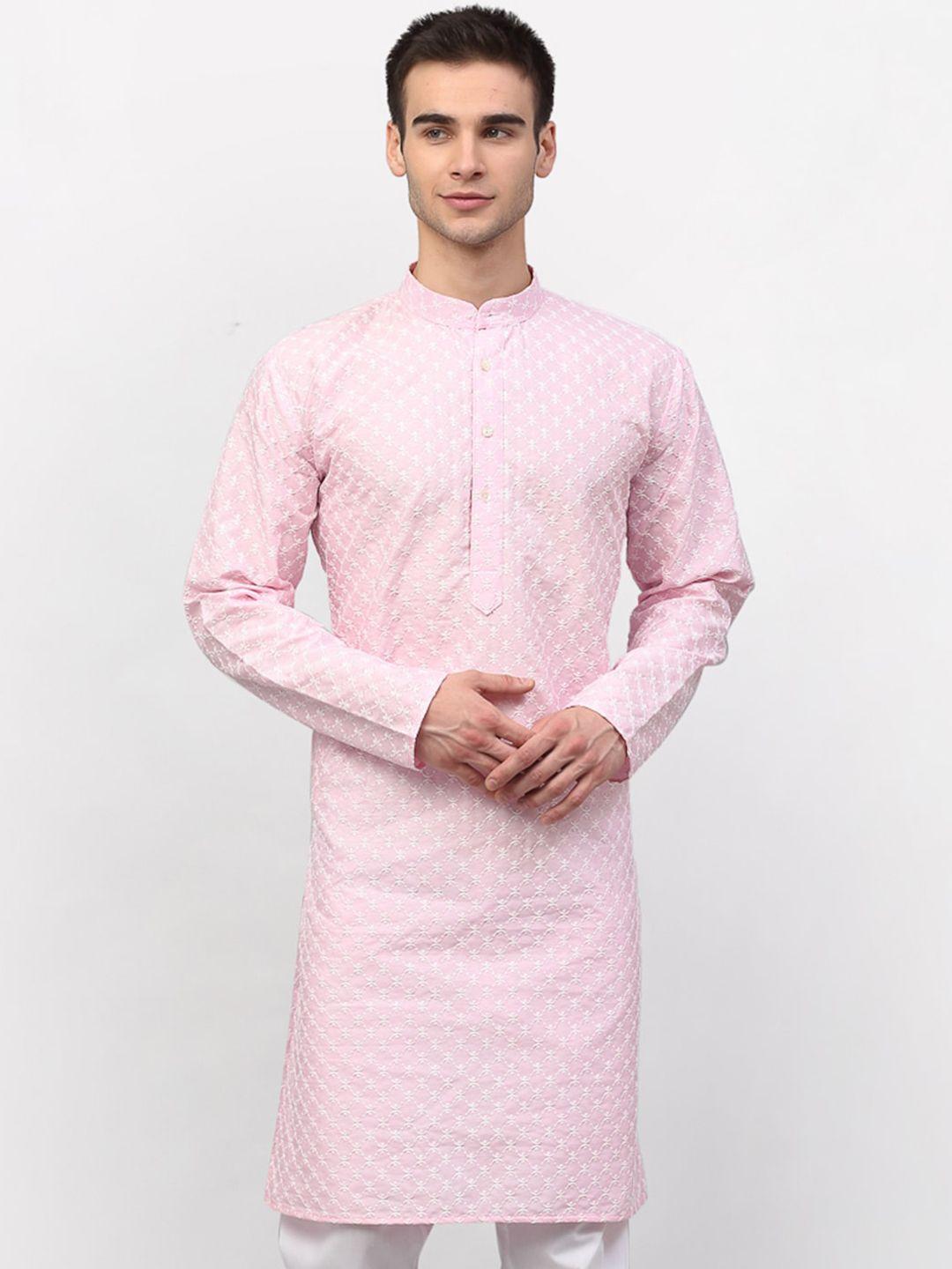 jompers men pink & white ethnic embroiderd kurta