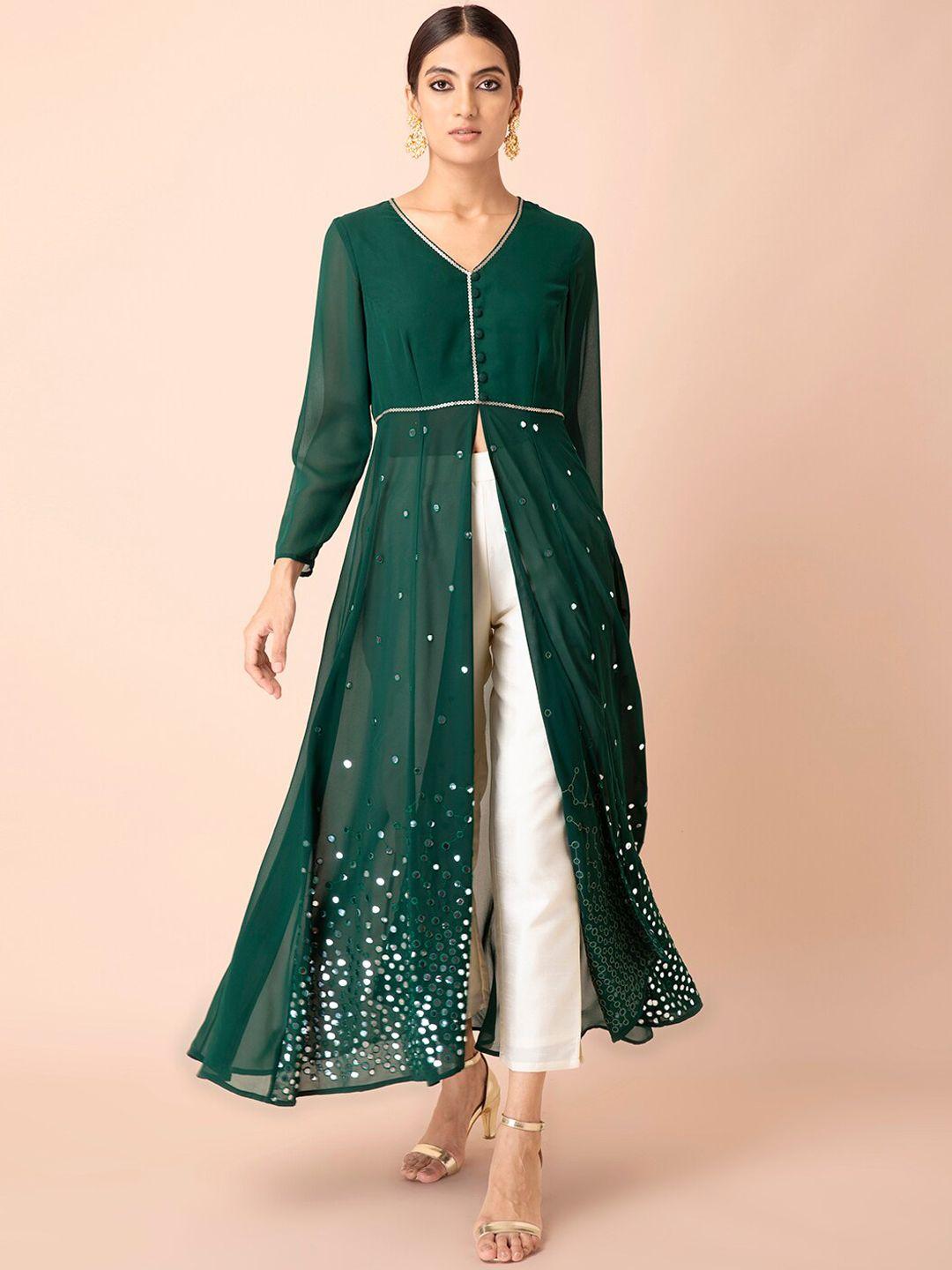 indya women green embellished georgette anarkali kurta