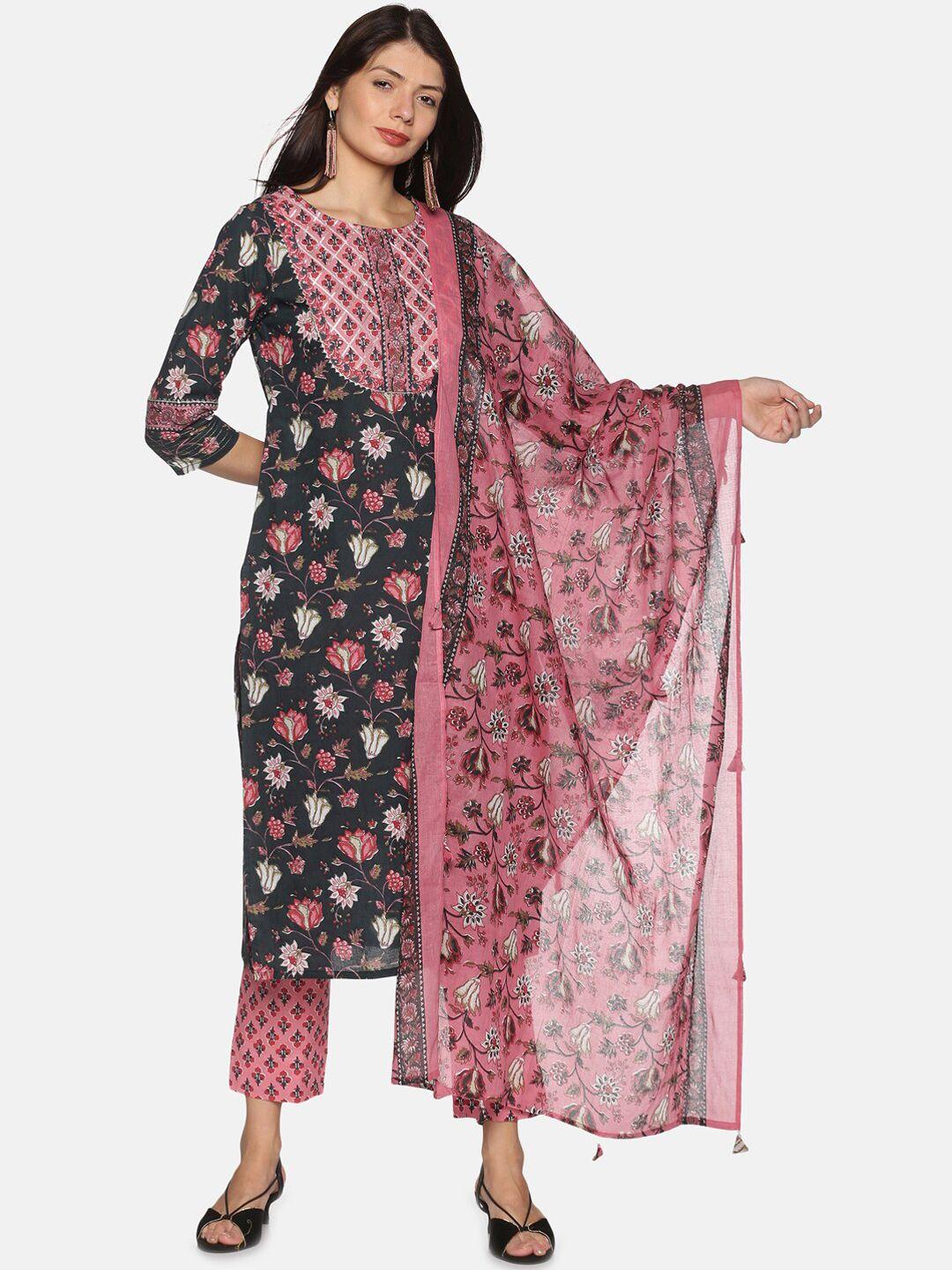 palakh women green floral printed pure cotton kurta with trousers & with dupatta