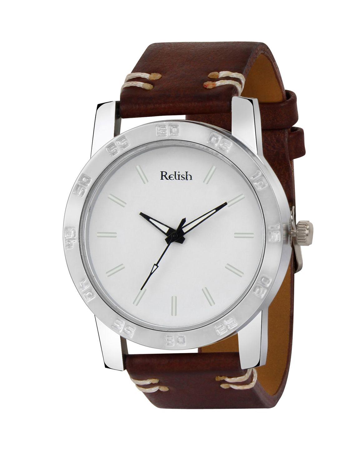 relish men white dial & brown straps analogue watch re-sb1089