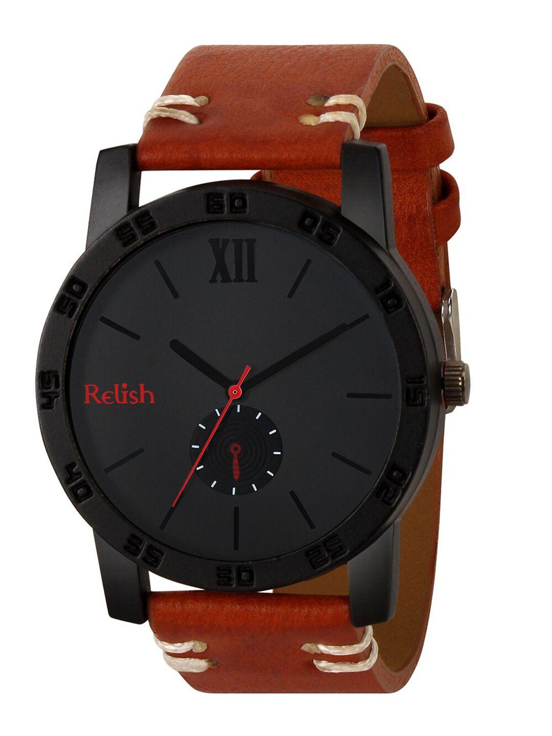 relish men black dial & brown straps analogue watch