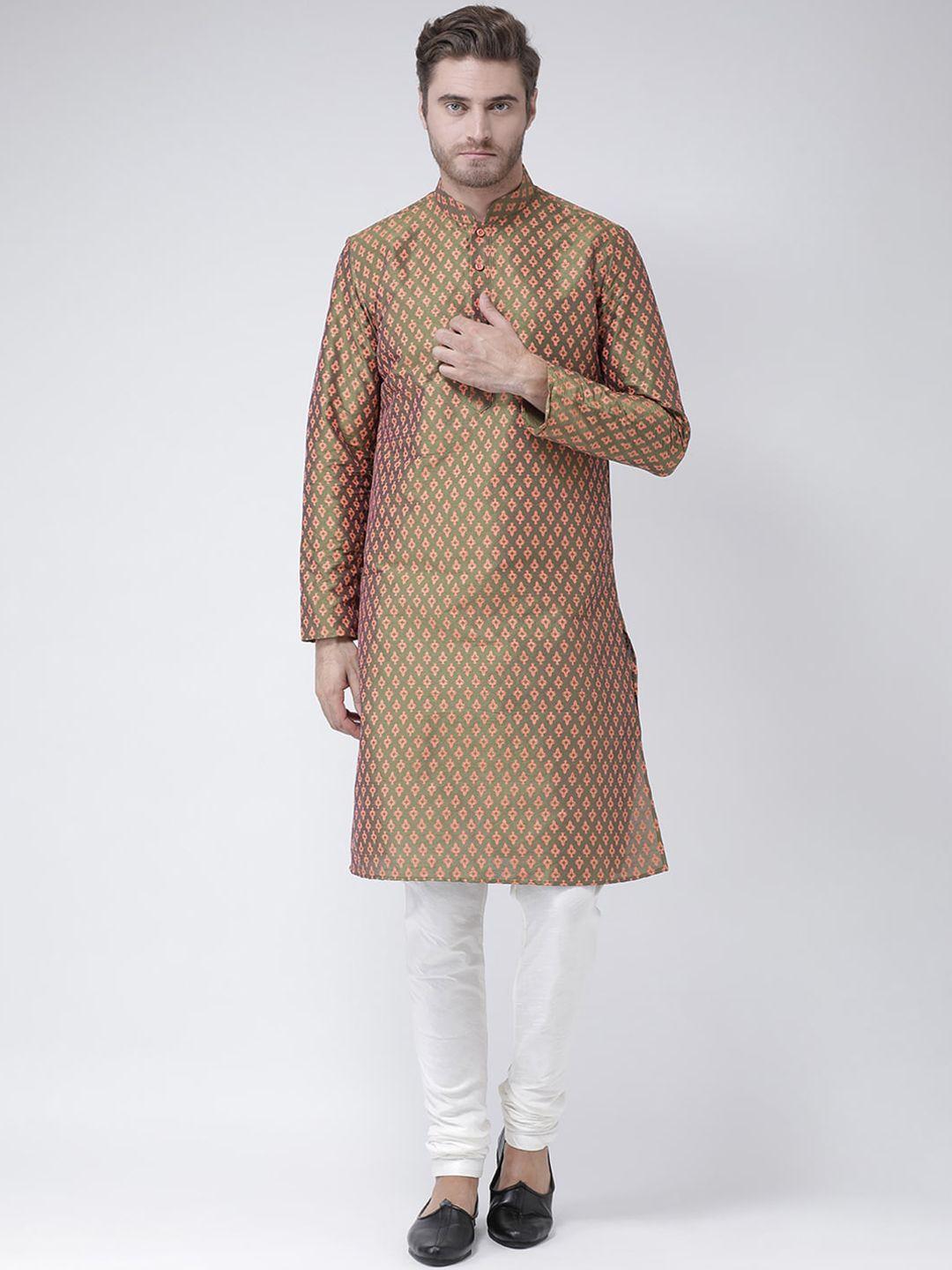 deyann men green printed dupion silk kurta with churidar