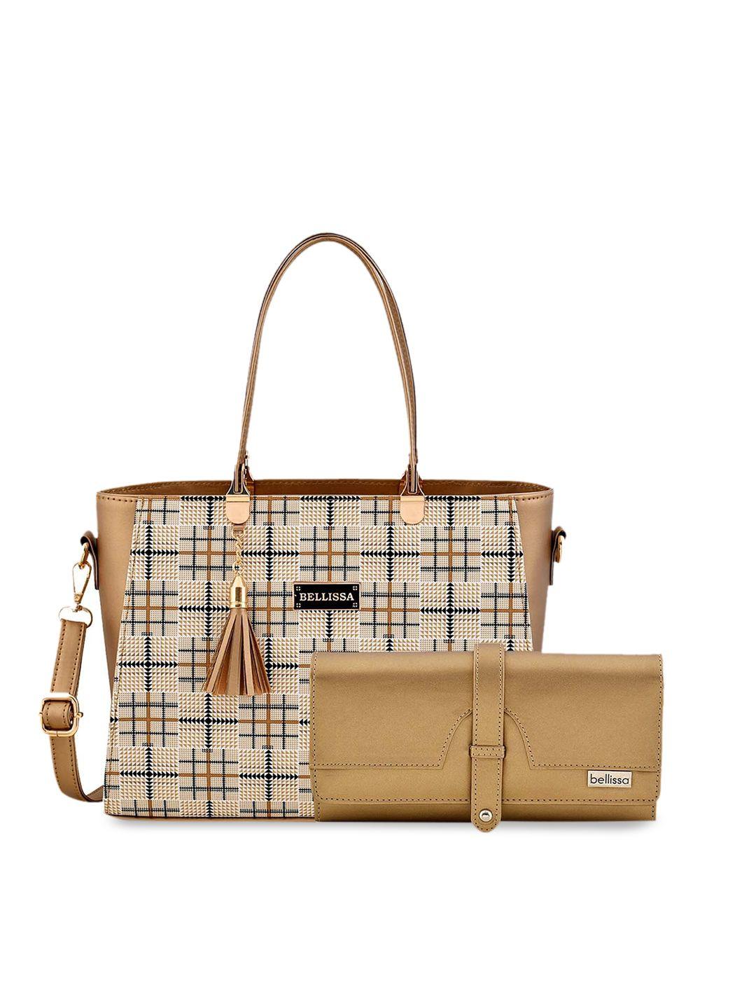 bellissa gold-toned checked pu structured shoulder bag with purse