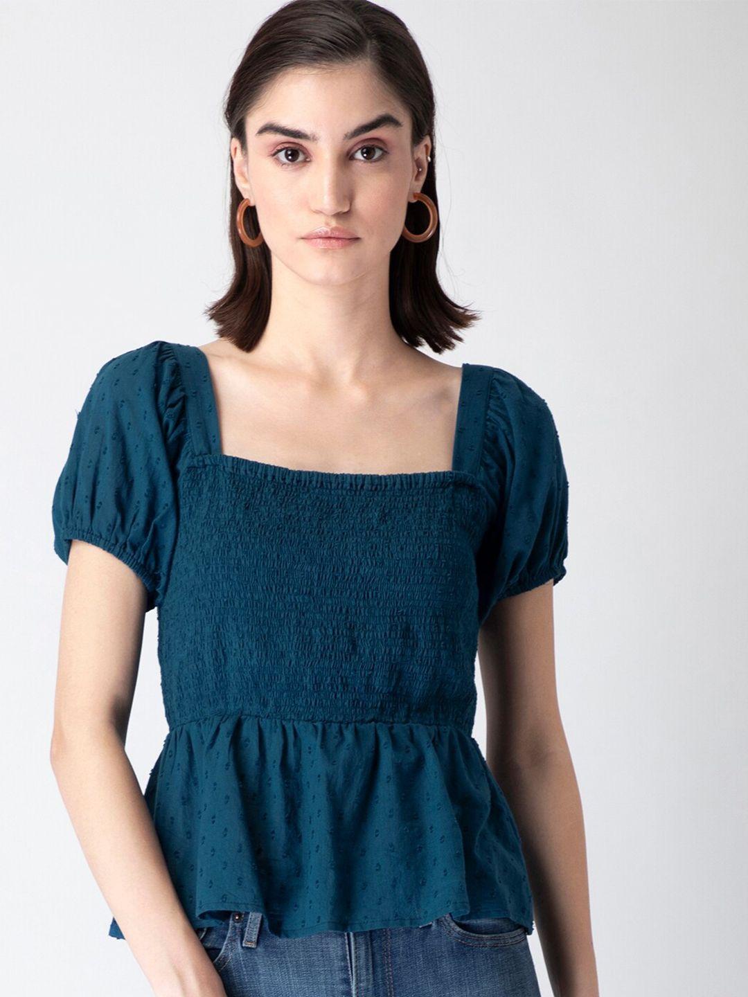 faballey women teal  cotton smocked peplum top