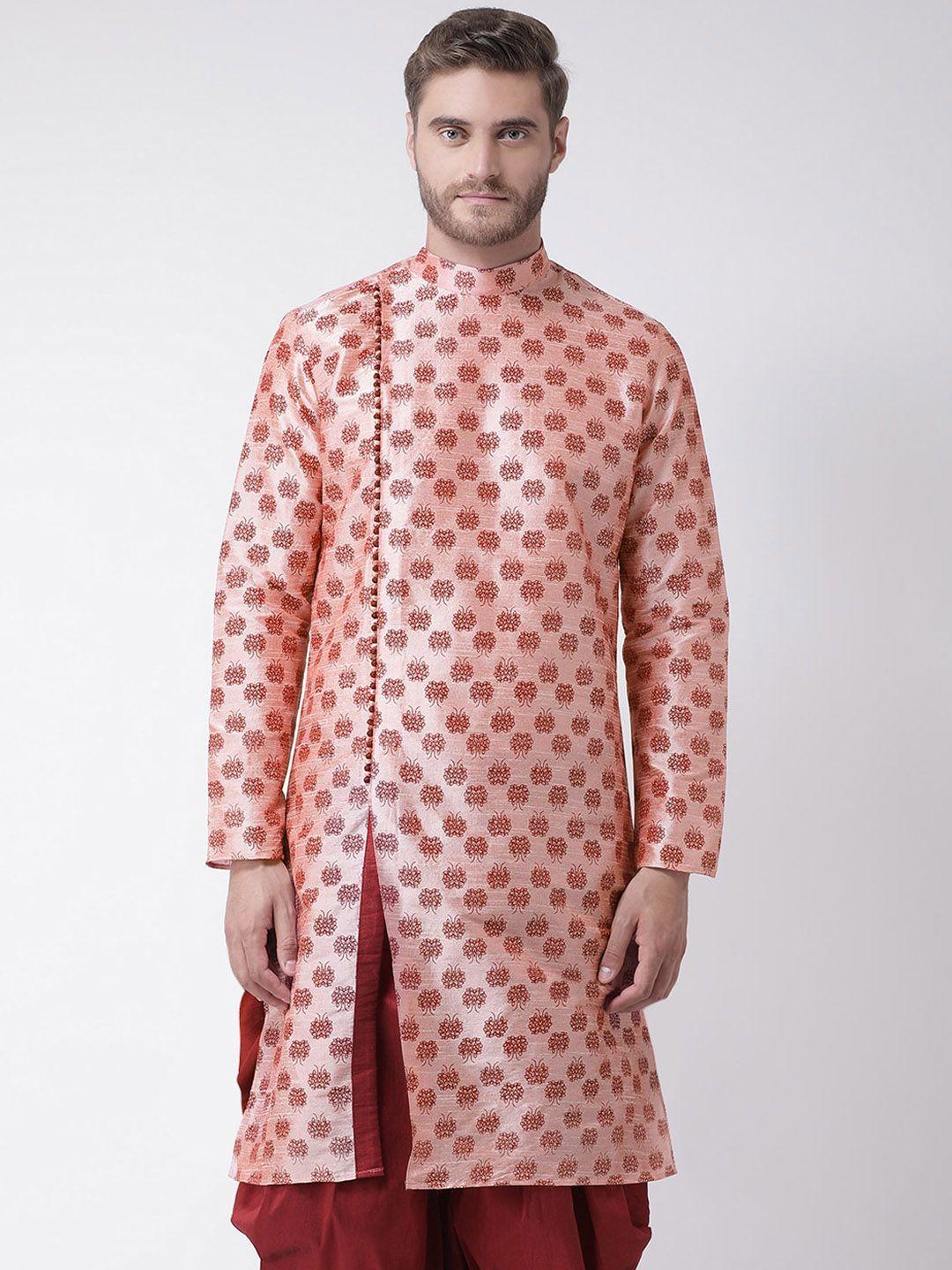 deyann men peach-coloured ethnic motifs printed angrakha dupion silk kurta with dhoti pant