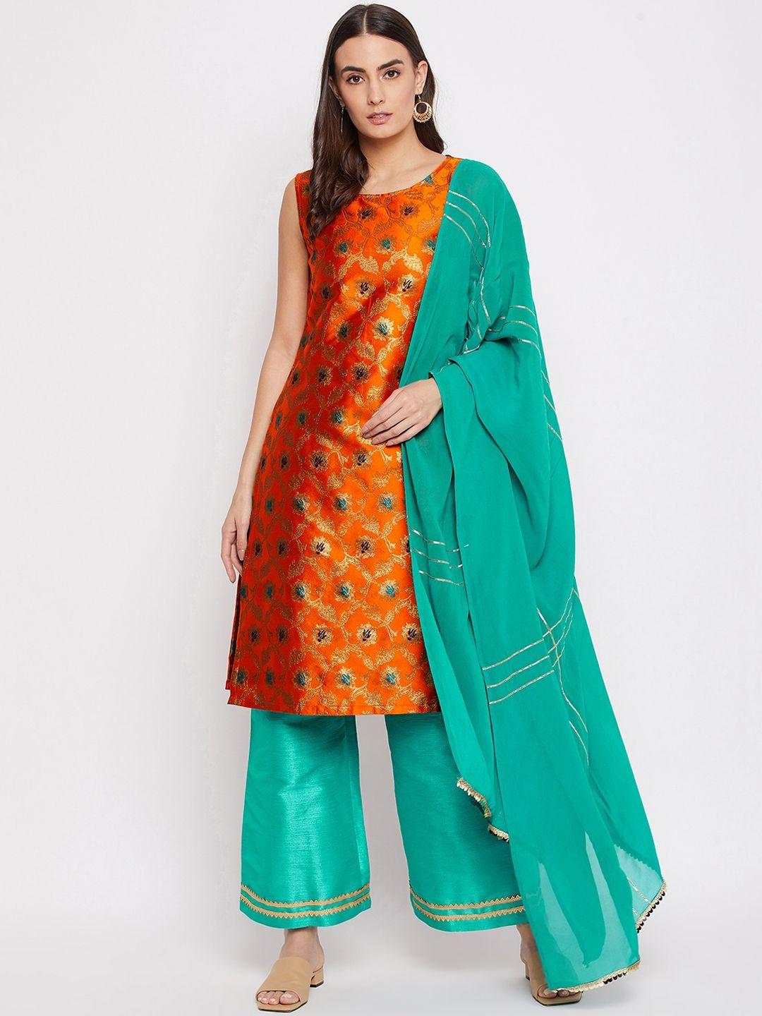 bitterlime women orange floral panelled gotta patti kurta & palazzos with dupatta