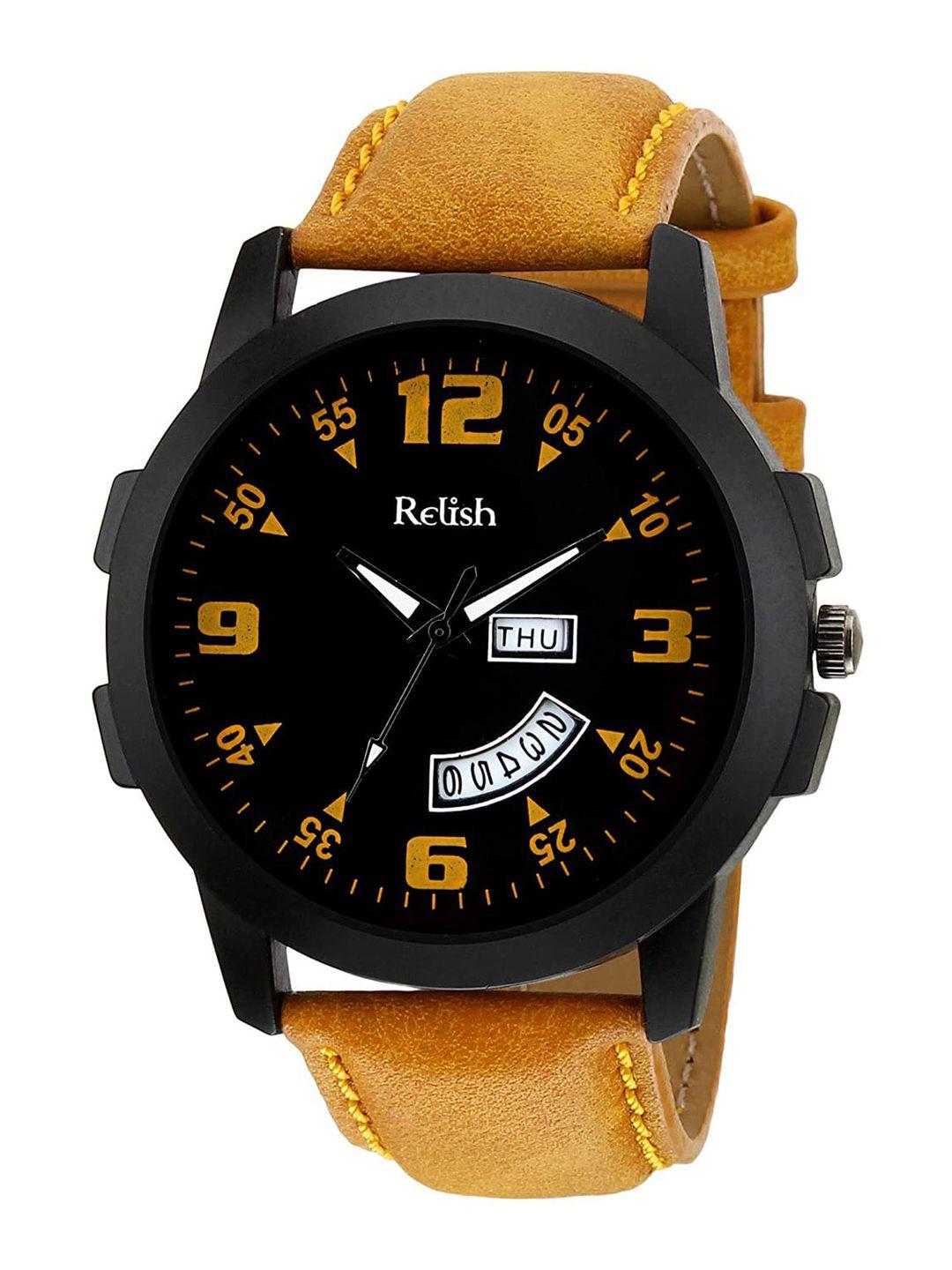 relish men black dial & yellow straps analogue watch