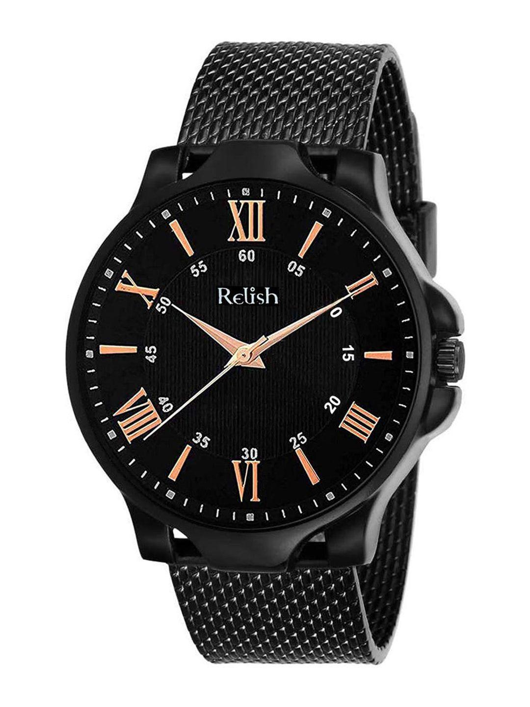 relish men black embellished dial & black straps analogue watch