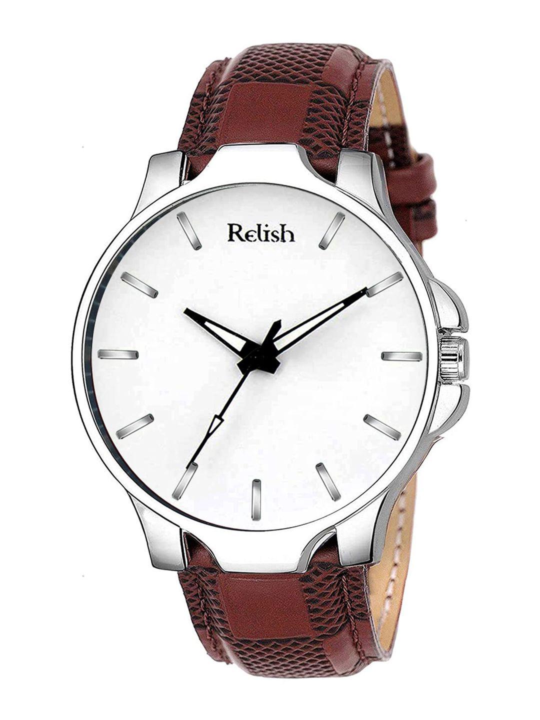 relish men white dial & brown textured straps analogue watch re-bs2002