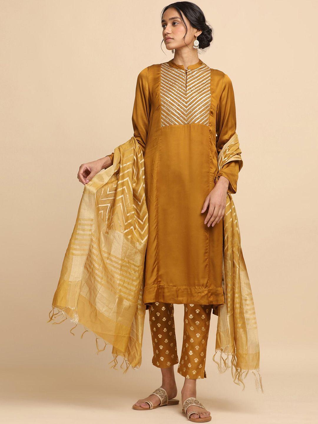 w the folksong collection -  women dark yellow lustrous modal satin kurta