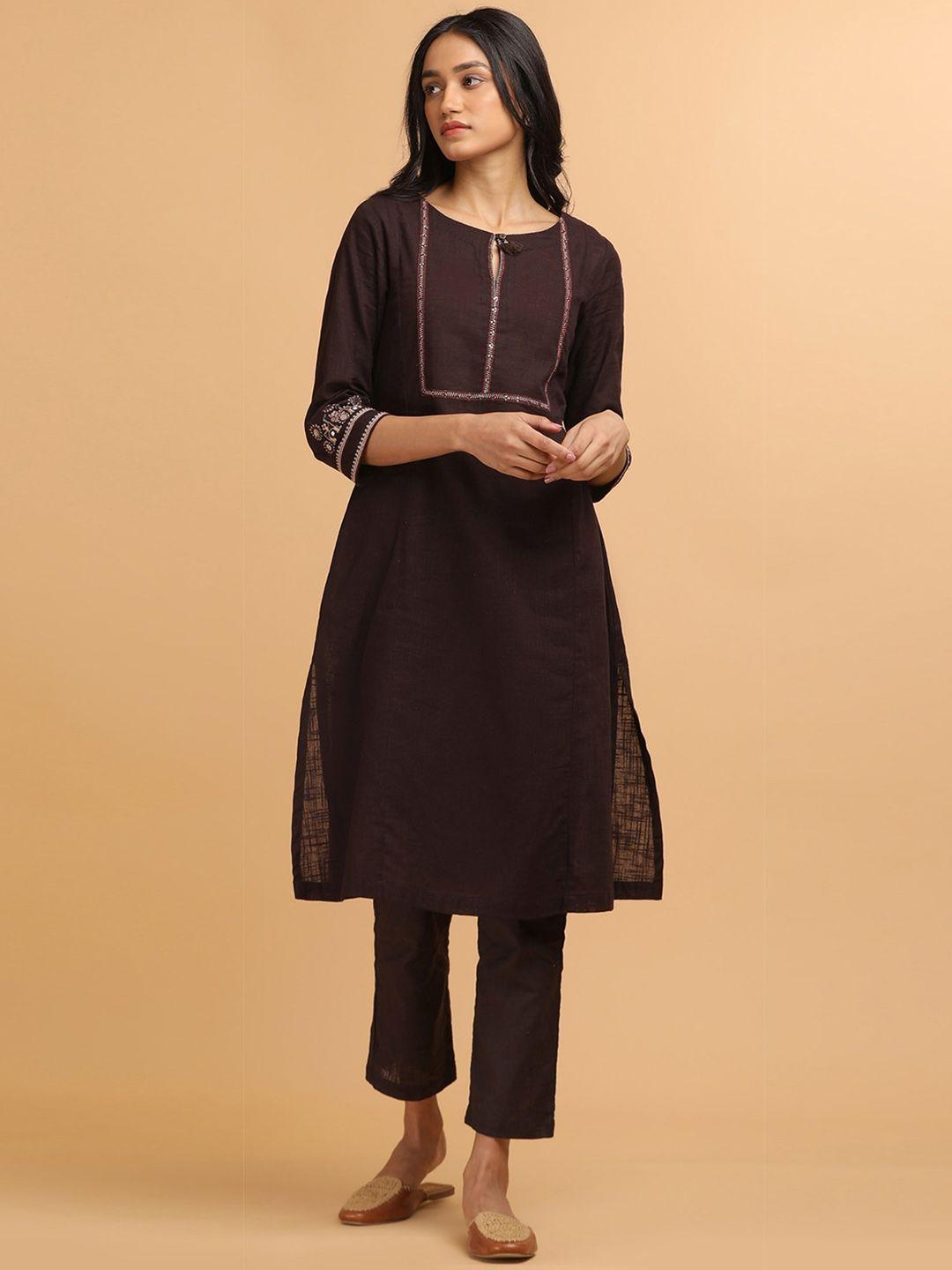 w the folksong collection - women brown solid cotton slub kurta