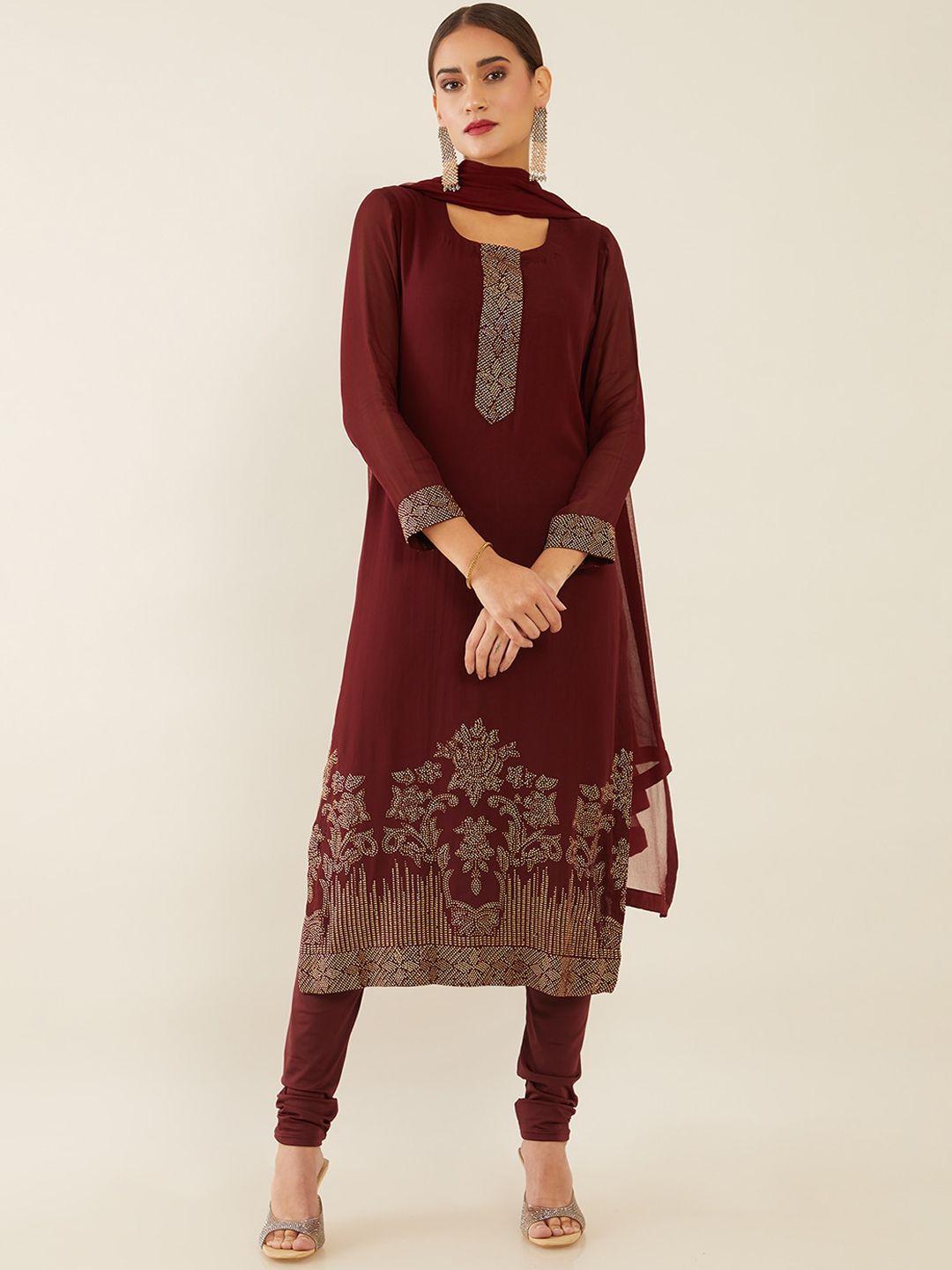 soch women maroon ethnic motifs yoke design beads and stones silk georgette kurta set