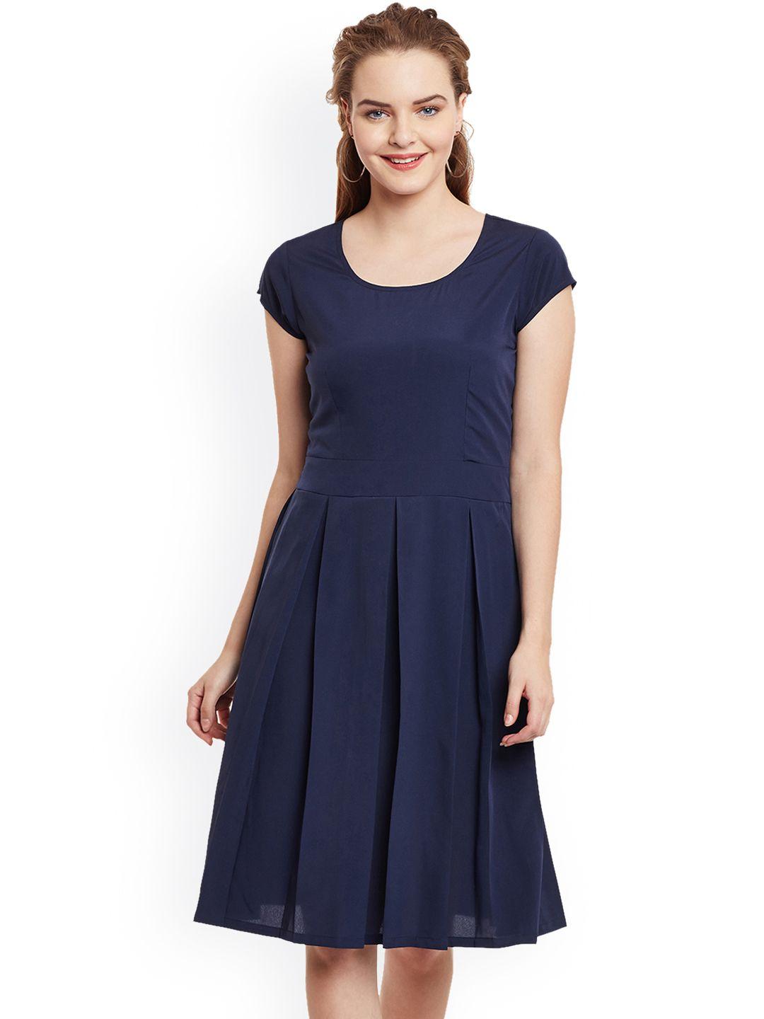 wisstler women blue solid crepe fit & flare dress