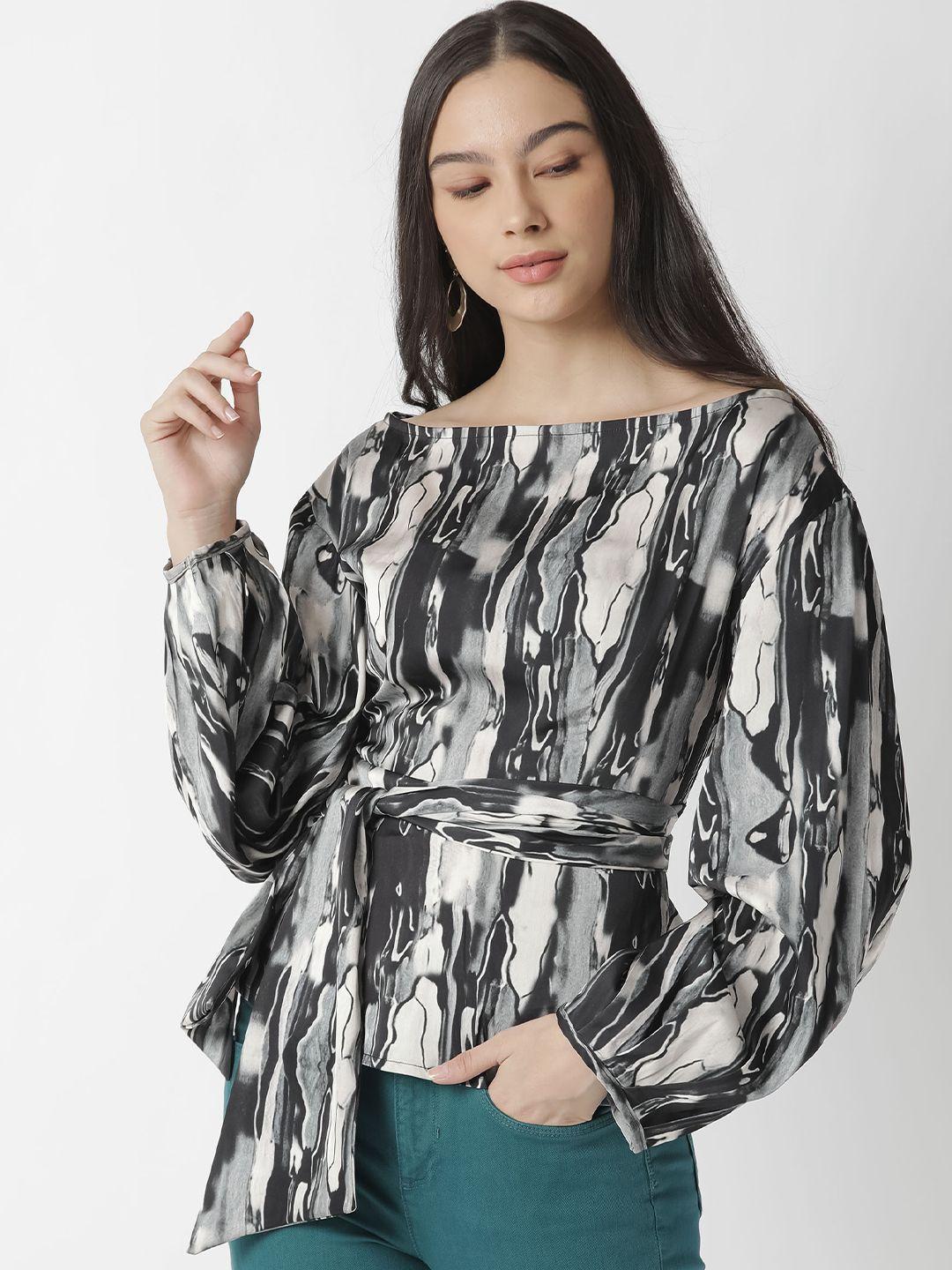 rareism black & off white print cinched waist top