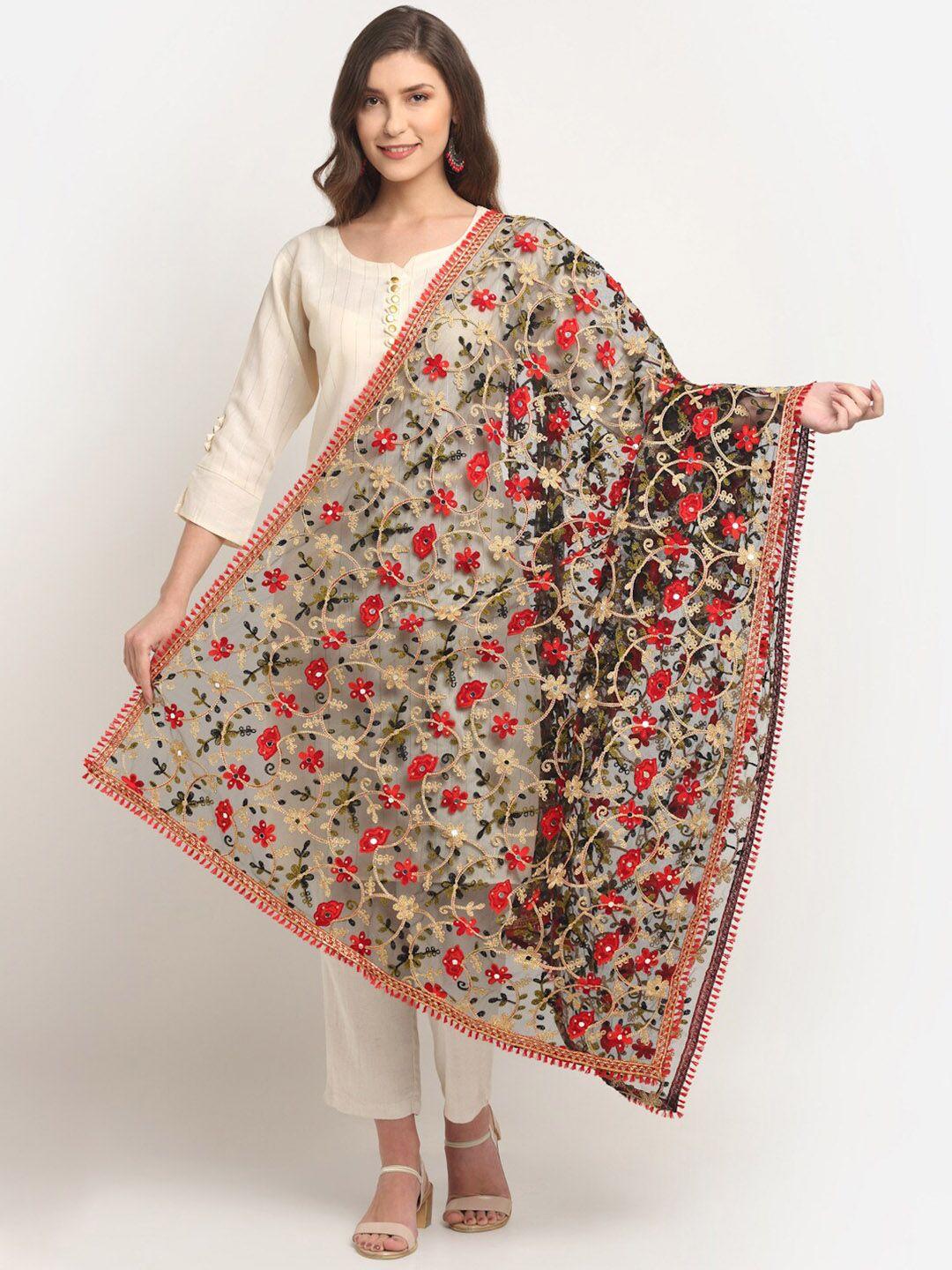 sugathari black & red ethnic motifs embroidered kalamkari dupatta with mirror work