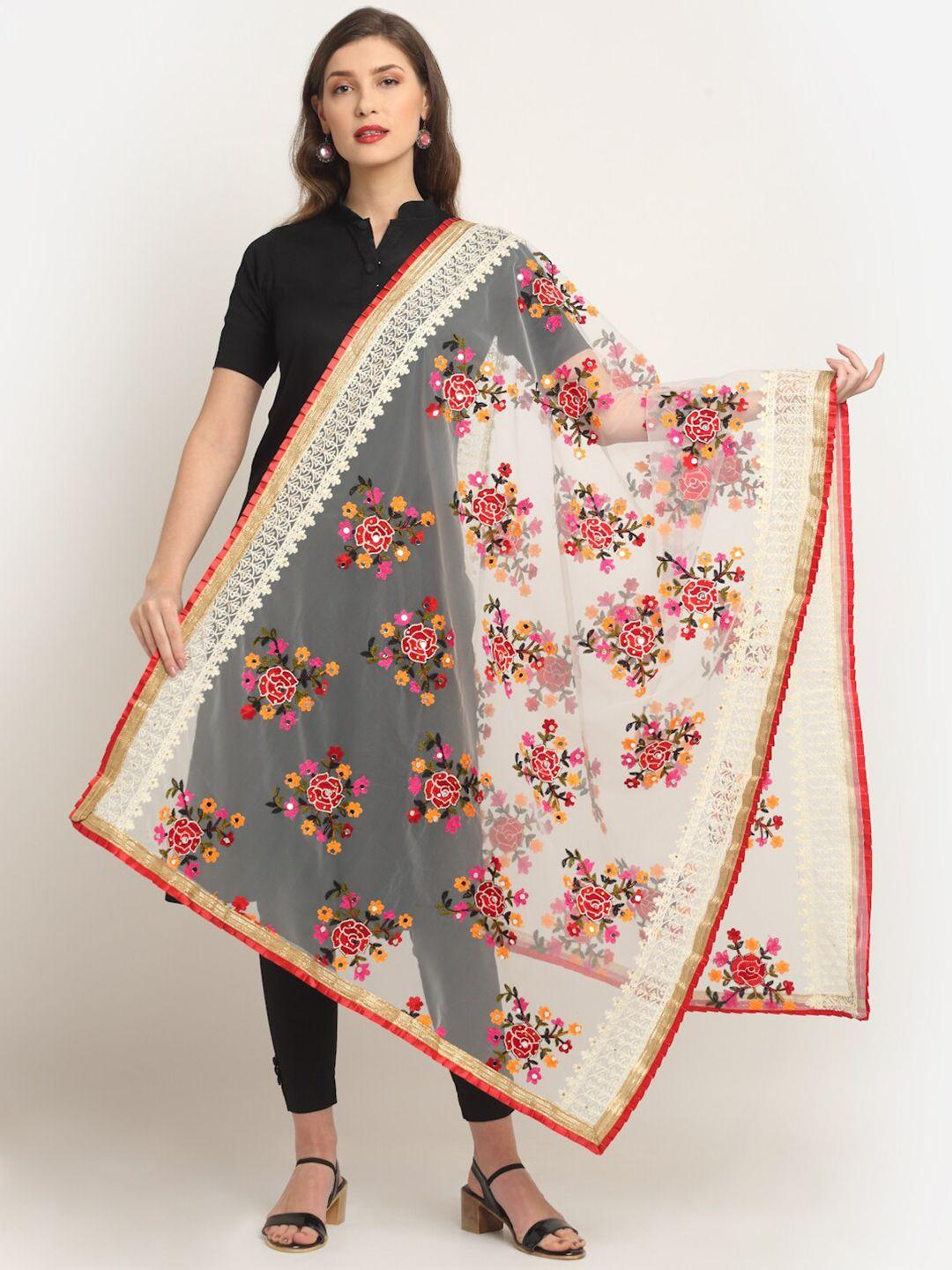 sugathari white & pink embroidered dupatta with mirror work