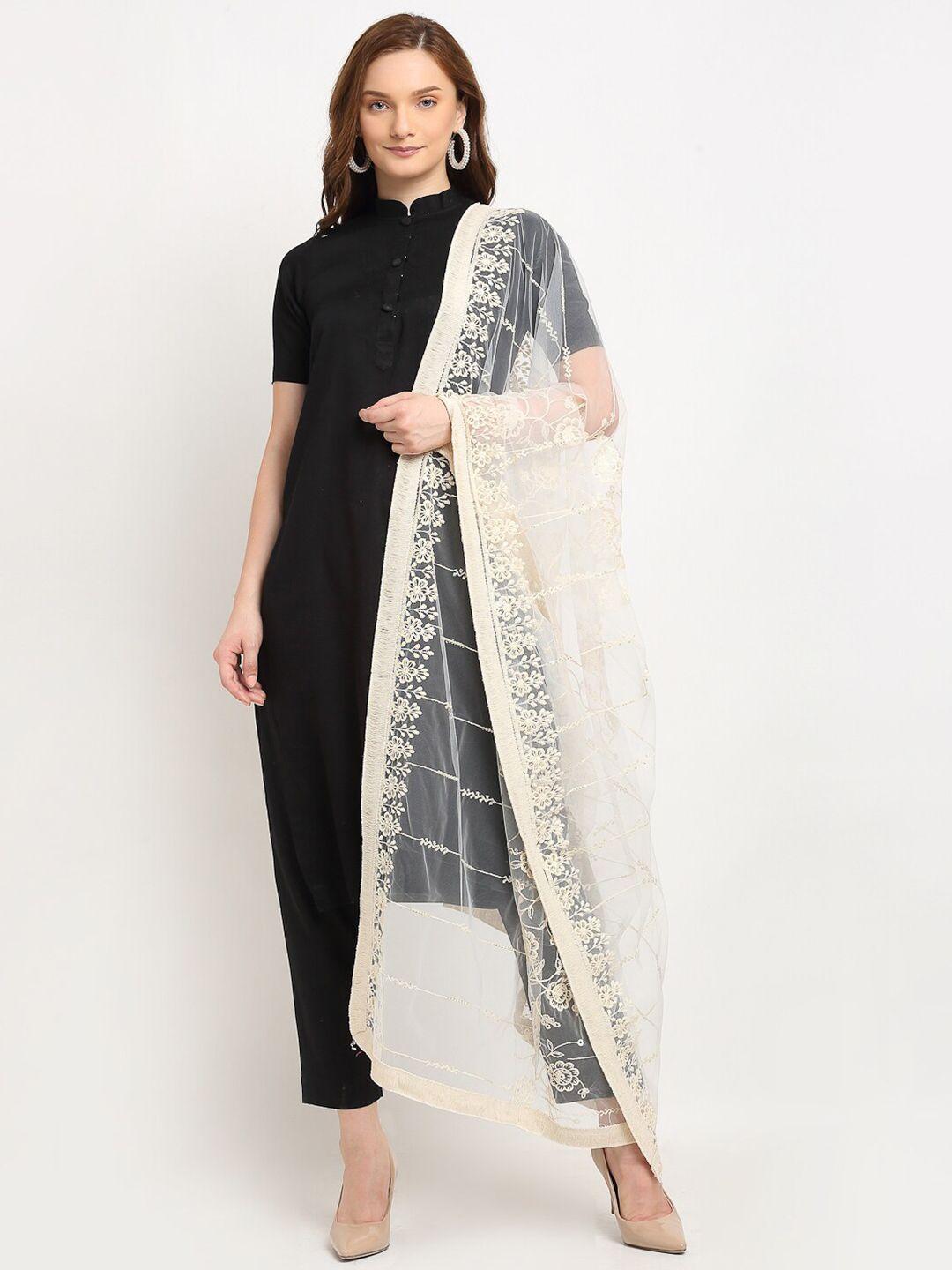 sugathari white ethnic motifs embroidered kalamkari dupatta with beads and stones