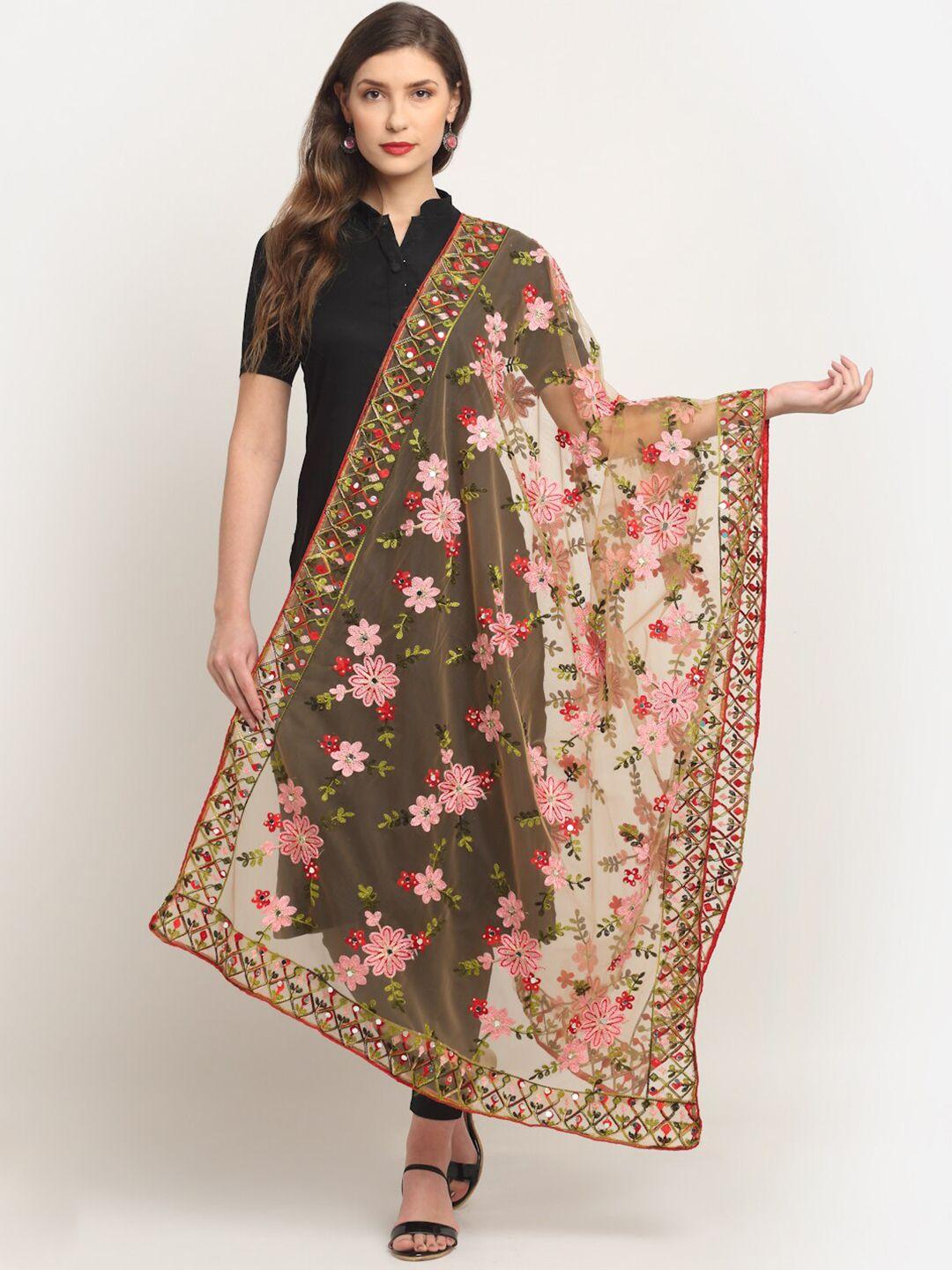 sugathari beige & pink embroidered dupatta with mirror work