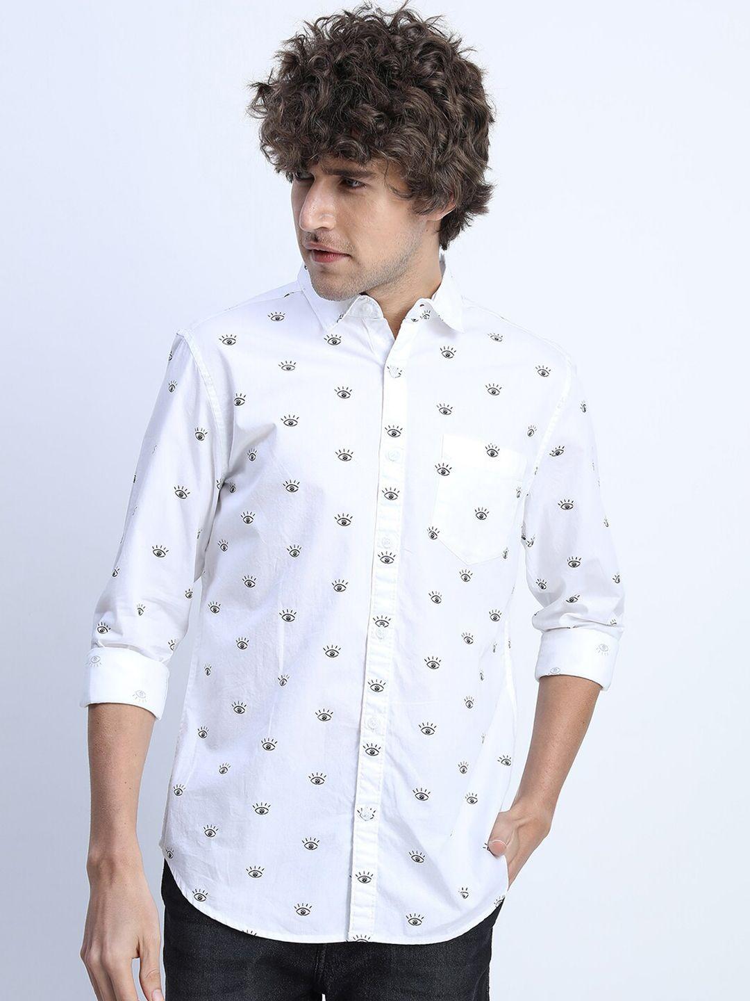 highlander men white slim fit printed casual shirt