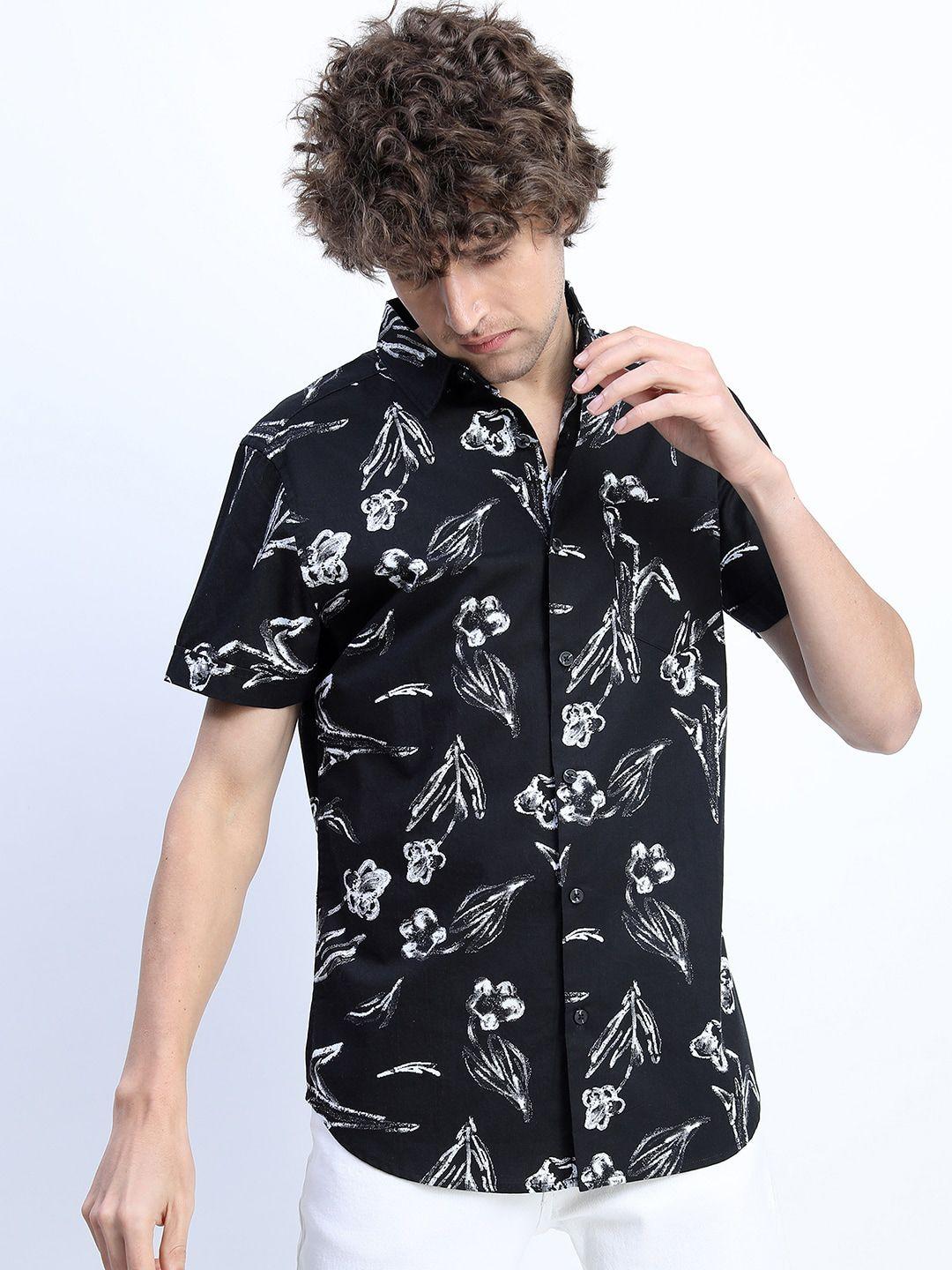 highlander men black slim fit floral printed casual shirt