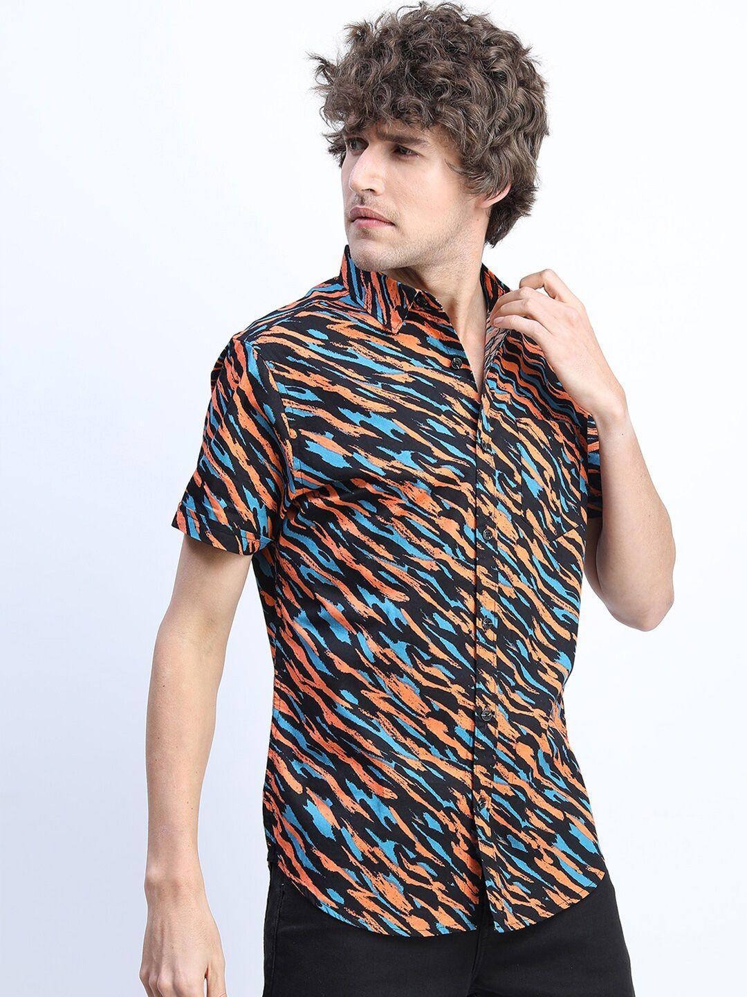 ketch men orange & blue slim fit printed casual shirt