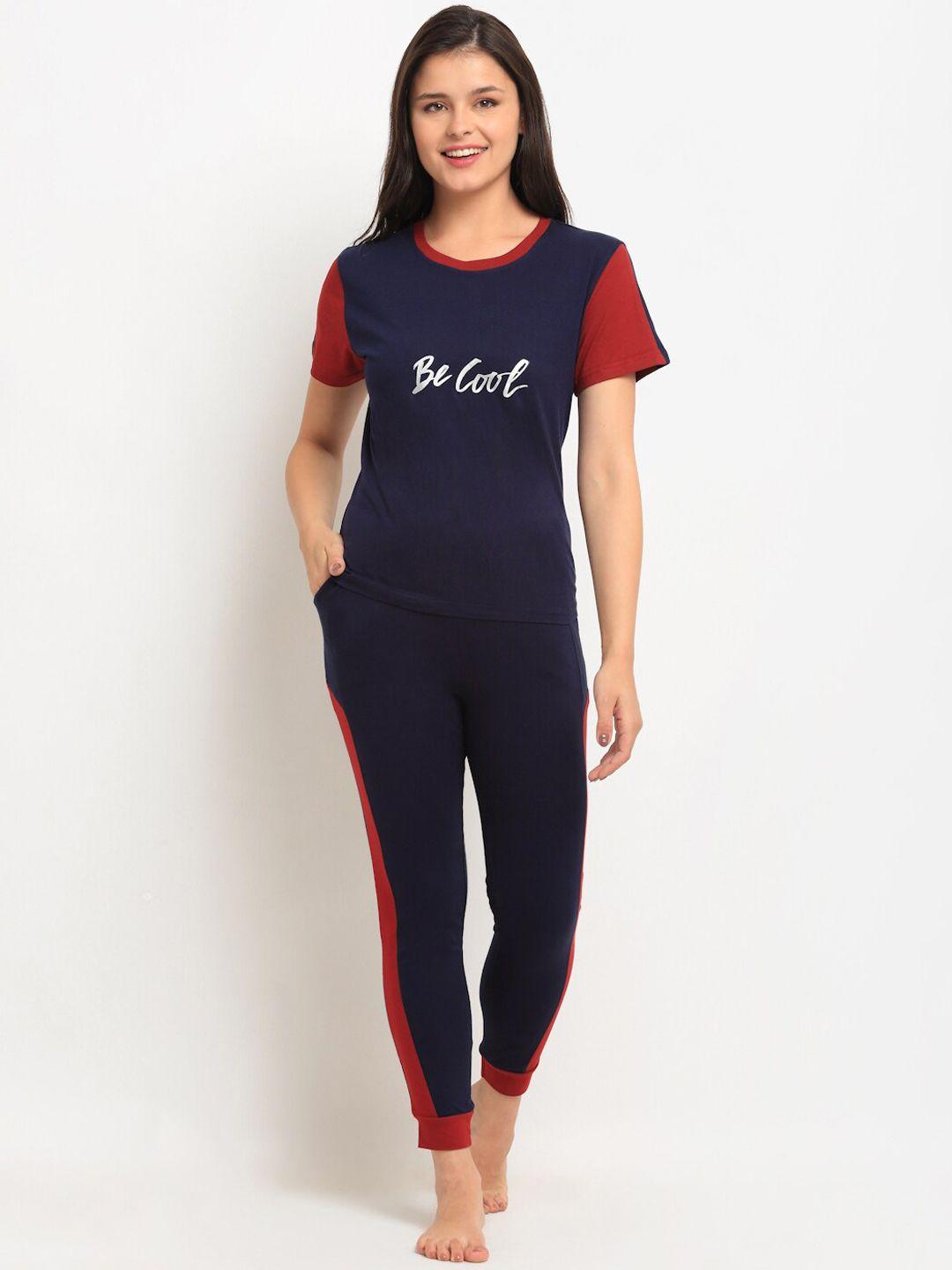 boston club women navy blue & red printed night suit