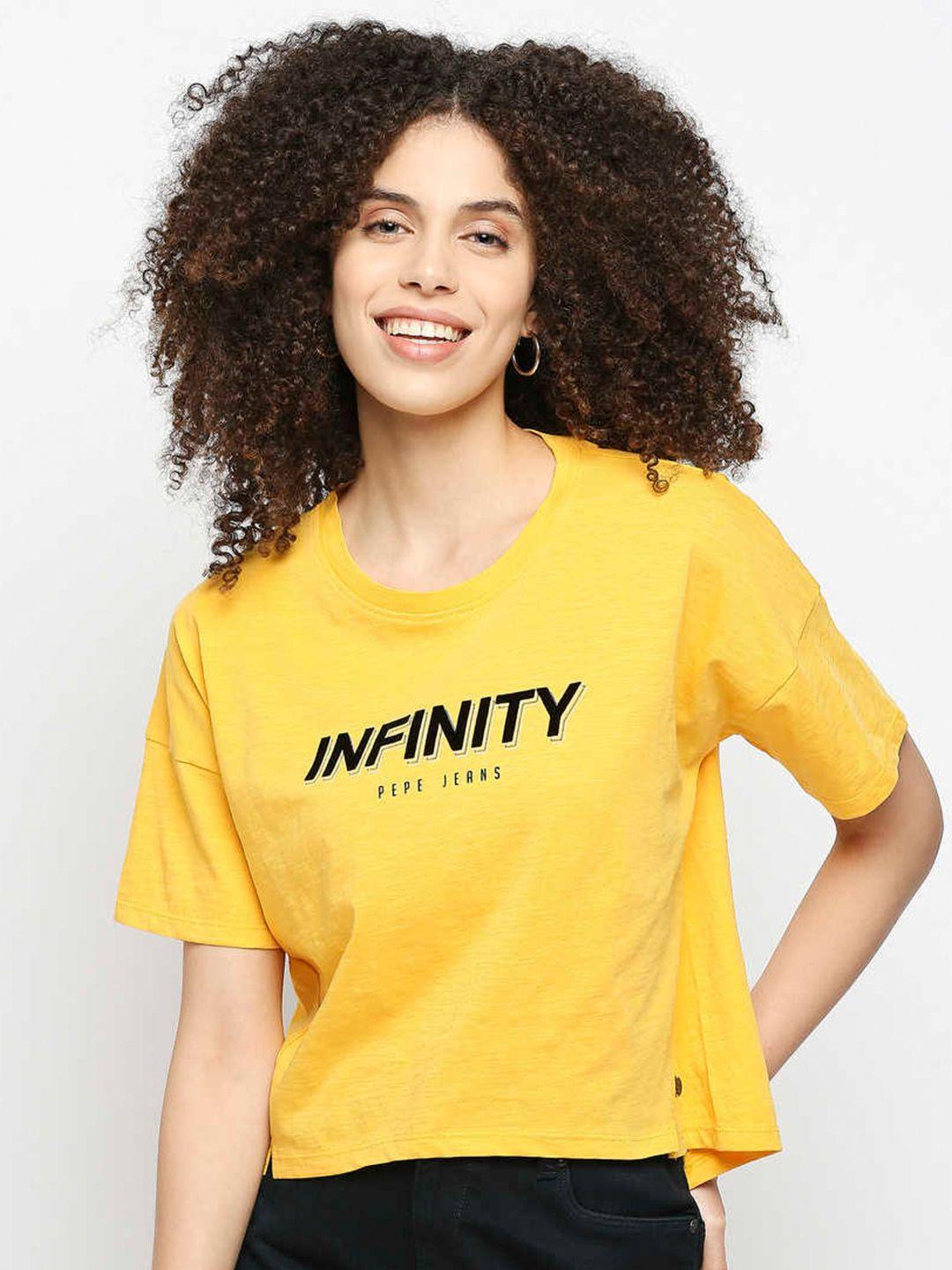 pepe jeans women yellow typography printed t-shirt