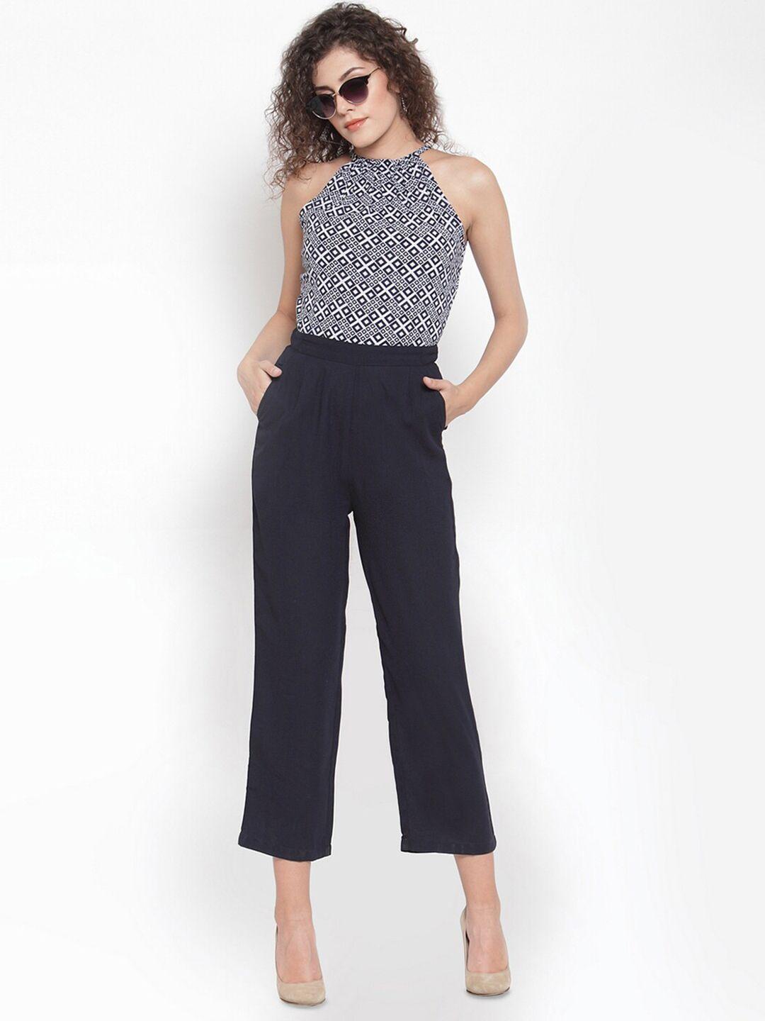 magnetic designs blue & white halter neck printed basic jumpsuit