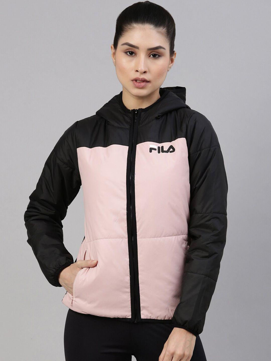 fila women pink & black colourblocked running padded jacket