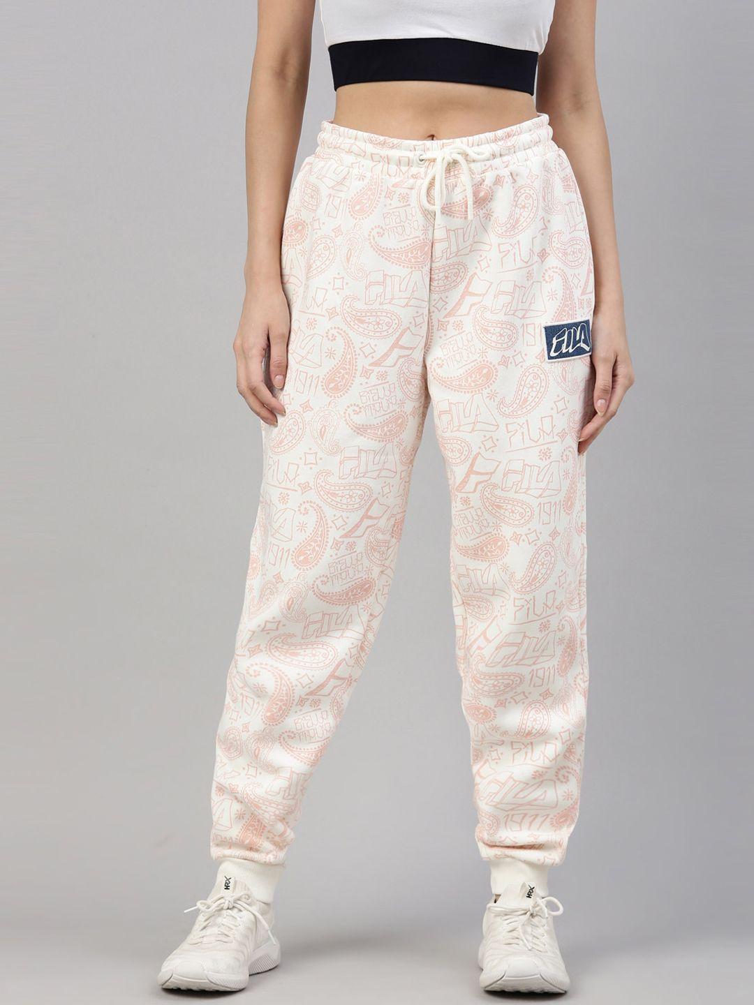 fila women white & pink printed cotton joggers