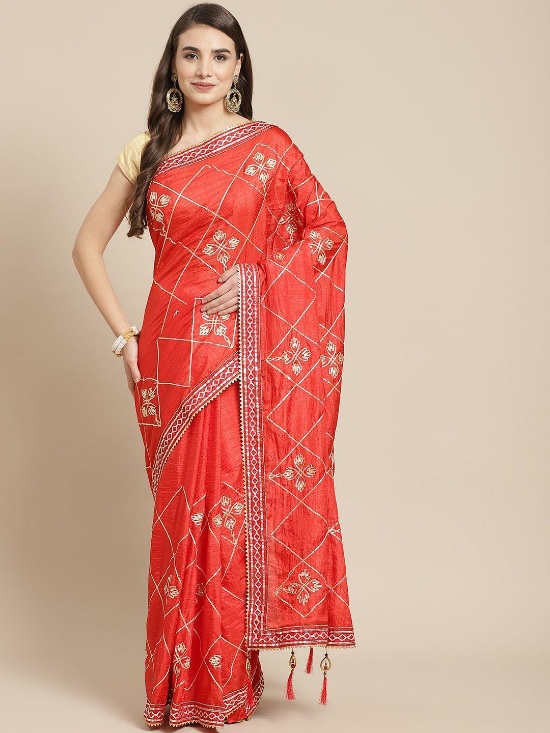 ishin red & gold-coloured embellished gotta patti art silk saree