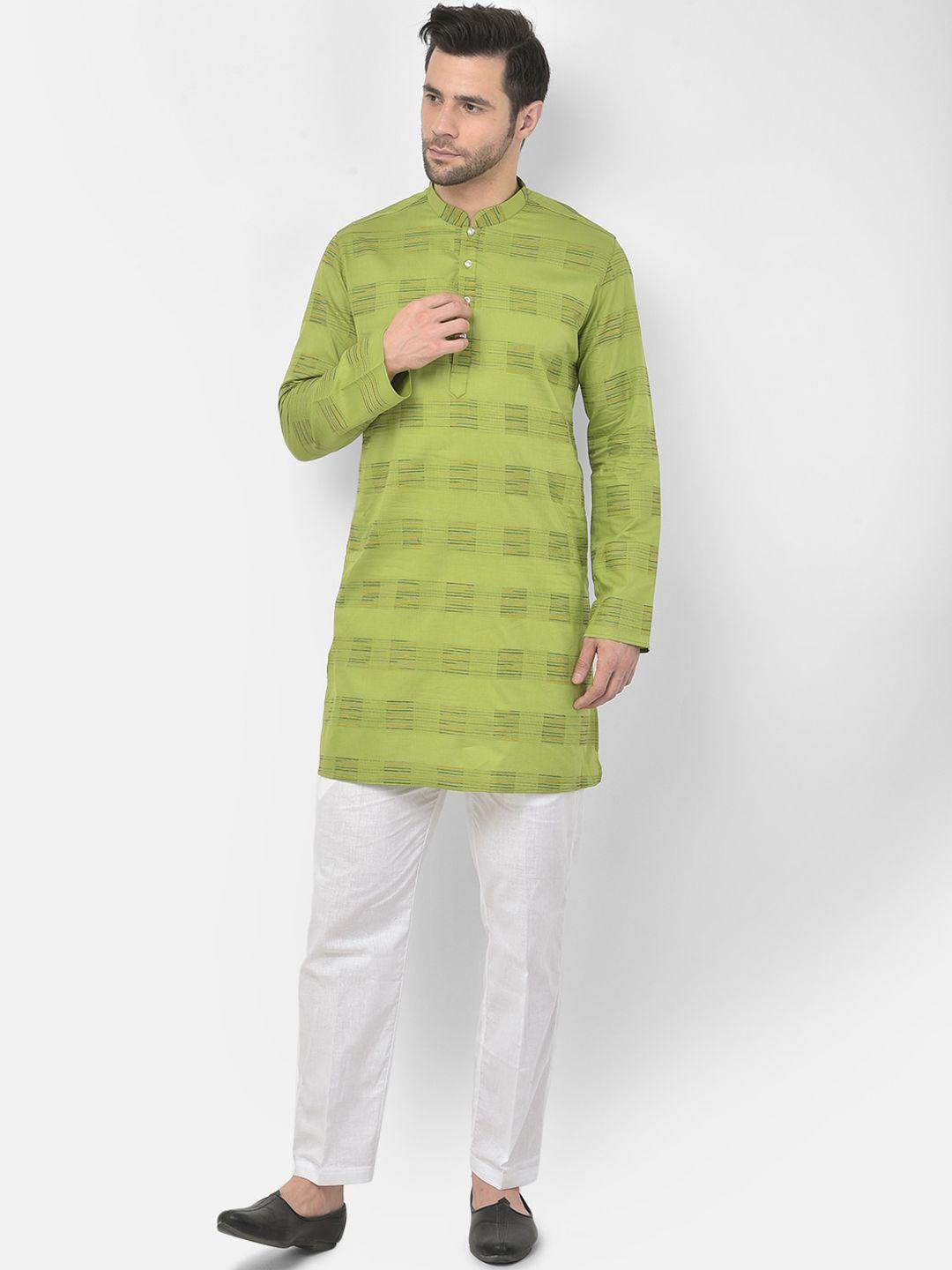 deyann men green & white embroidered pure cotton kurta with trousers