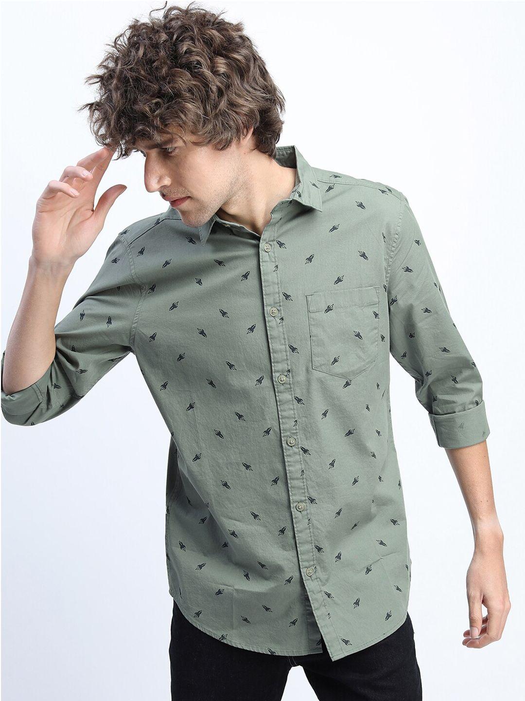 highlander men green slim fit printed casual shirt