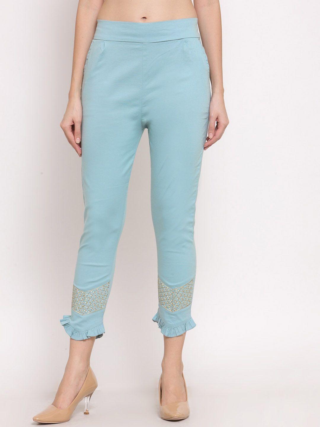 klotthe women blue smart slim fit trousers