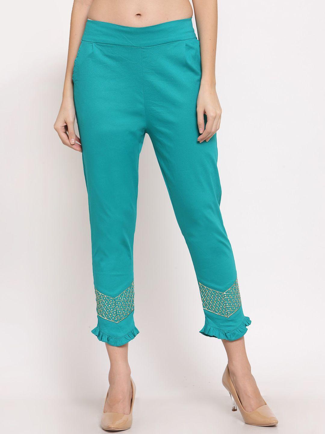 klotthe women turquoise blue smart slim fit trousers